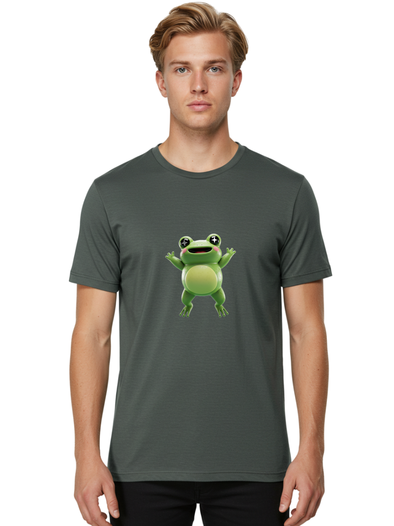 Frog-Character Men'S Graphic Tee, 100% Cotton, Comfortable Casual Summer Wear, Machine Washable, Cartoon Frog, Green Frog, Happy Expression, Shiny Eyes, Raised Hands, Playful Gesture, Animated Character, Fun Design, Cute Illustration, Bab920