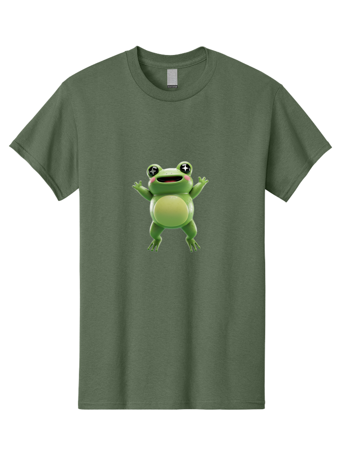 Frog-Character Men'S Graphic Tee, 100% Cotton, Comfortable Casual Summer Wear, Machine Washable, Cartoon Frog, Green Frog, Happy Expression, Shiny Eyes, Raised Hands, Playful Gesture, Animated Character, Fun Design, Cute Illustration, Bab920