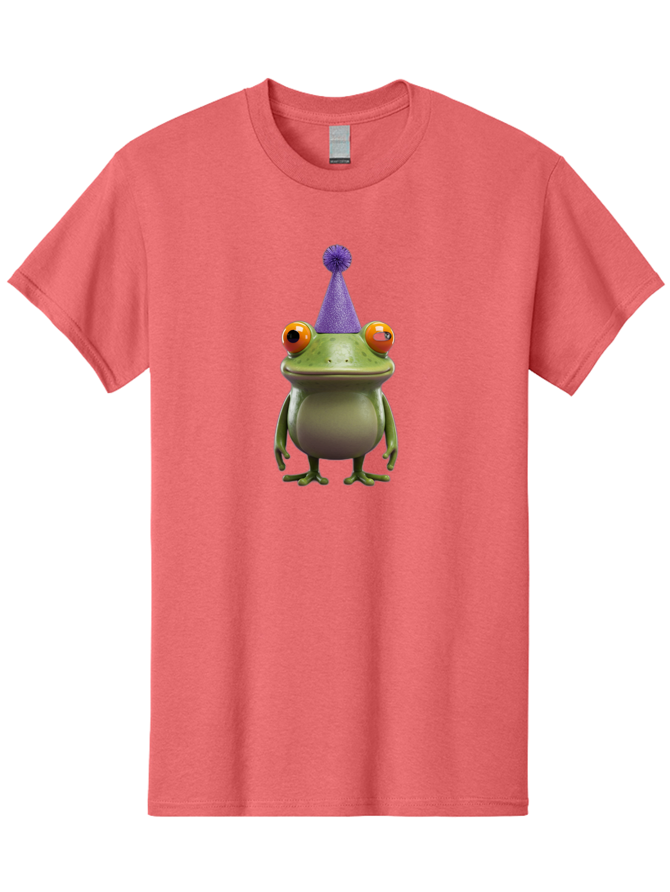 Frog-In-Party-Hat-1 Men'S Graphic Tee, 100% Cotton, Comfortable Casual Summer Wear, Machine Washable, Funny Cartoon Frog, Party Hat, Celebration, Purple Hat, Orange Eyes, Playful Character, Cute Amphibian, Festive Mood, Humorous Illustration Bab921