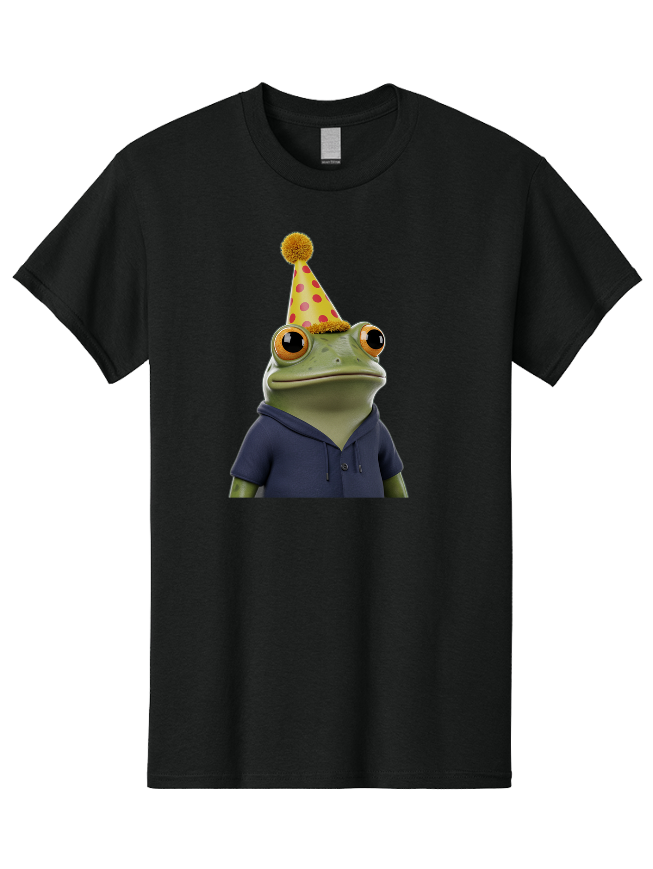 Frog-In-Party-Hat-2 Men'S Graphic Tee, 100% Cotton, Comfortable Casual Summer Wear, Machine Washable, Cartoon Frog, Party Hat, Red And Pink Polka Dots, Yellow Hat, Blue Hoodie, Casual Wear, Celebration, Festive Atmosphere, Funny Character, Bab922
