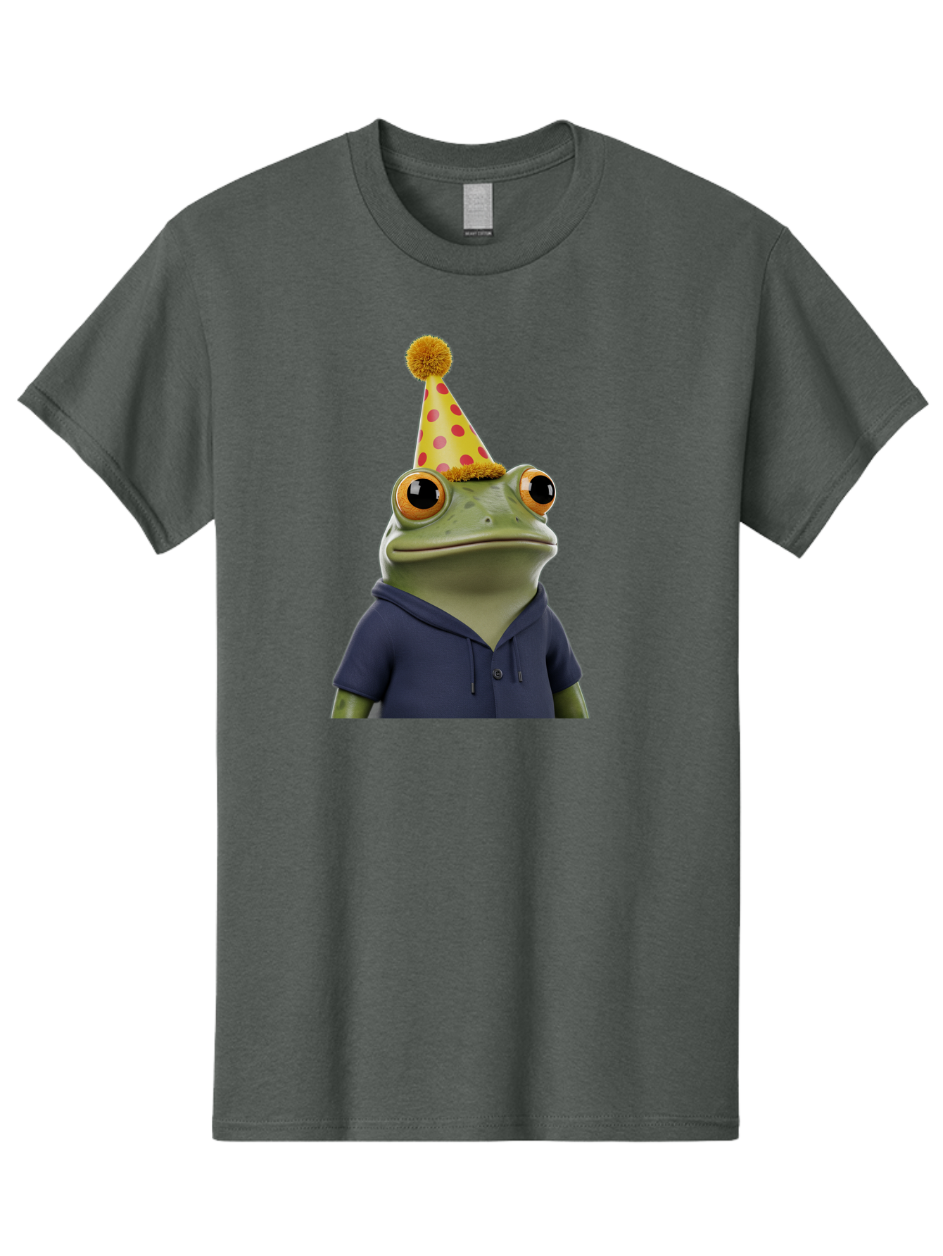 Frog-In-Party-Hat-2 Men'S Graphic Tee, 100% Cotton, Comfortable Casual Summer Wear, Machine Washable, Cartoon Frog, Party Hat, Red And Pink Polka Dots, Yellow Hat, Blue Hoodie, Casual Wear, Celebration, Festive Atmosphere, Funny Character, Bab922