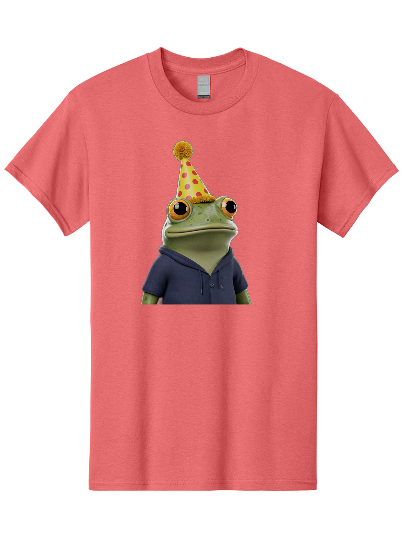 Frog-In-Party-Hat-2 Men'S Graphic Tee, 100% Cotton, Comfortable Casual Summer Wear, Machine Washable, Cartoon Frog, Party Hat, Red And Pink Polka Dots, Yellow Hat, Blue Hoodie, Casual Wear, Celebration, Festive Atmosphere, Funny Character, Bab922