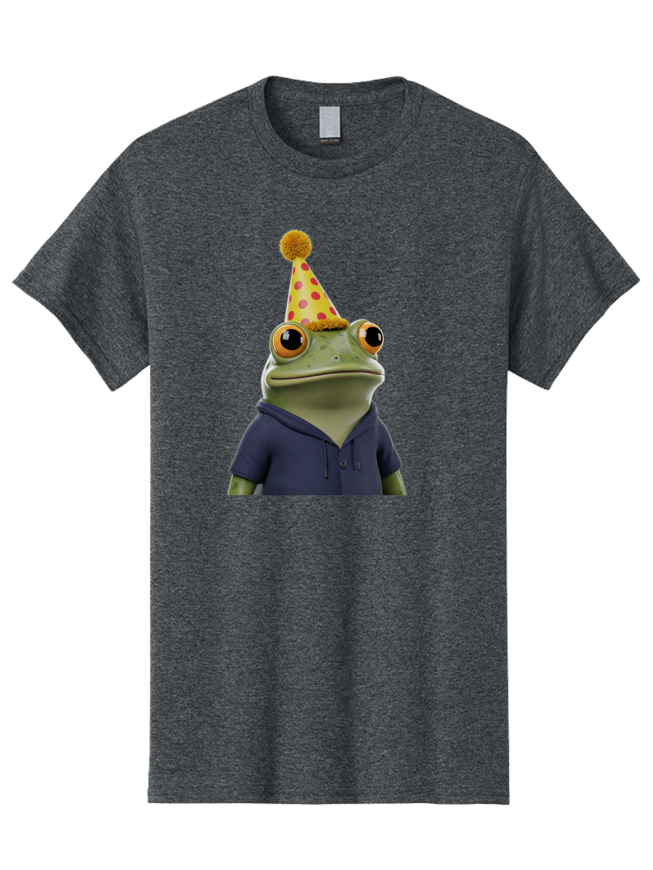 Frog-In-Party-Hat-2 Men'S Graphic Tee, 100% Cotton, Comfortable Casual Summer Wear, Machine Washable, Cartoon Frog, Party Hat, Red And Pink Polka Dots, Yellow Hat, Blue Hoodie, Casual Wear, Celebration, Festive Atmosphere, Funny Character, Bab922