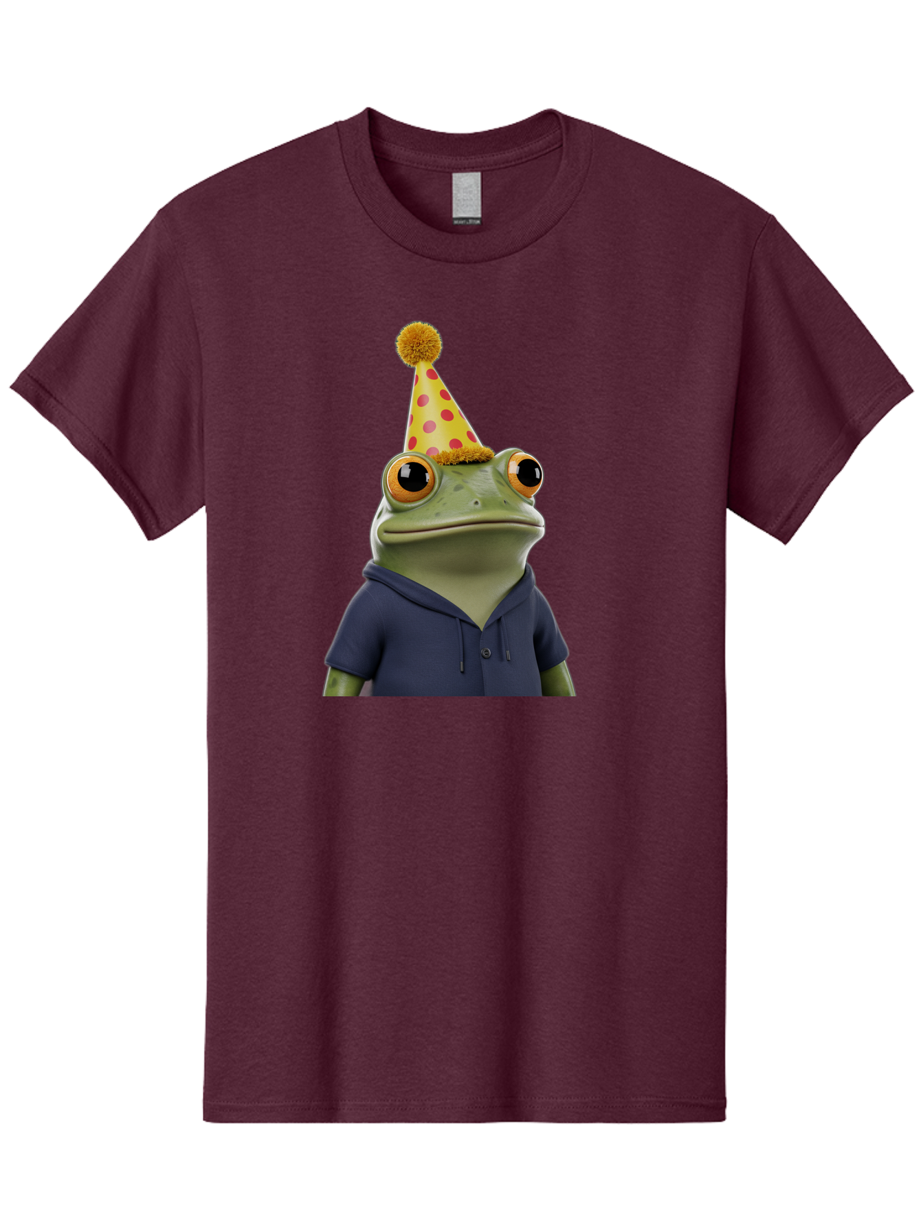 Frog-In-Party-Hat-2 Men'S Graphic Tee, 100% Cotton, Comfortable Casual Summer Wear, Machine Washable, Cartoon Frog, Party Hat, Red And Pink Polka Dots, Yellow Hat, Blue Hoodie, Casual Wear, Celebration, Festive Atmosphere, Funny Character, Bab922