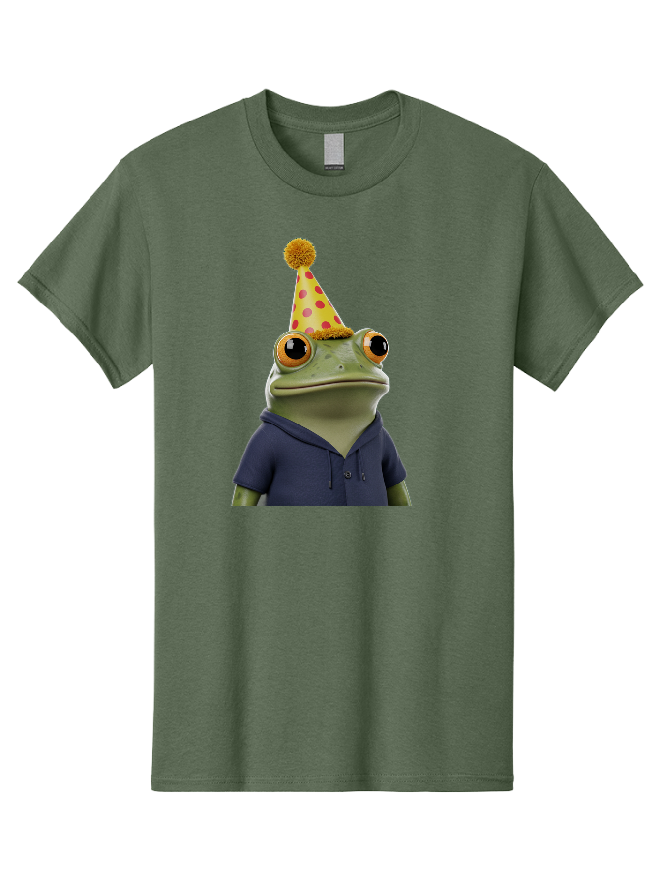 Frog-In-Party-Hat-2 Men'S Graphic Tee, 100% Cotton, Comfortable Casual Summer Wear, Machine Washable, Cartoon Frog, Party Hat, Red And Pink Polka Dots, Yellow Hat, Blue Hoodie, Casual Wear, Celebration, Festive Atmosphere, Funny Character, Bab922