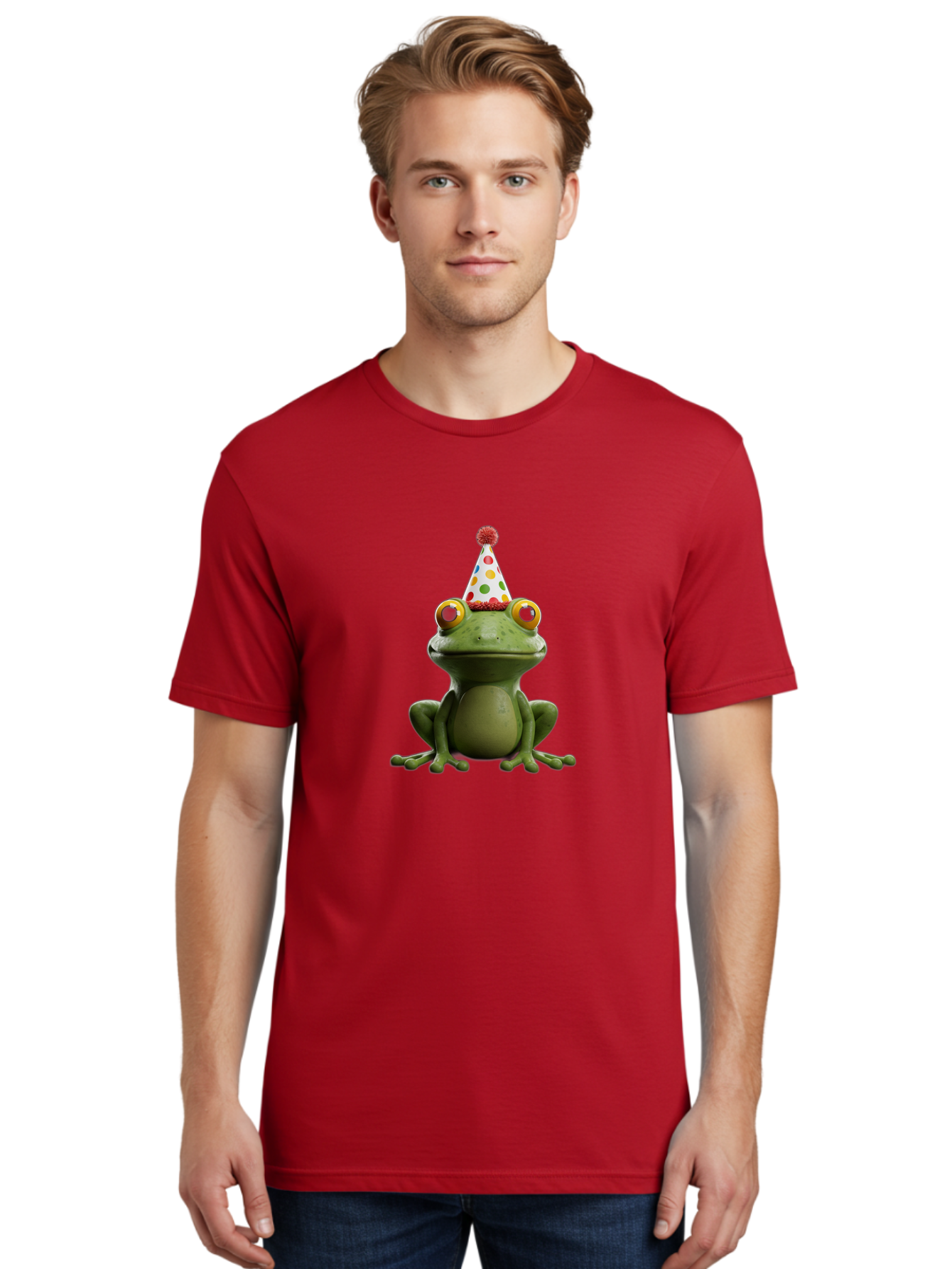 Frog-In-Party-Hat Men'S Graphic Tee, 100% Cotton, Comfortable Casual Summer Wear, Machine Washable, Funny Frog, Party Hat, Celebration, Colorful Eyes, Festive Atmosphere, Cute Amphibian, Playful Vibe, Joyful Moments, Cartoon Character, Bab924