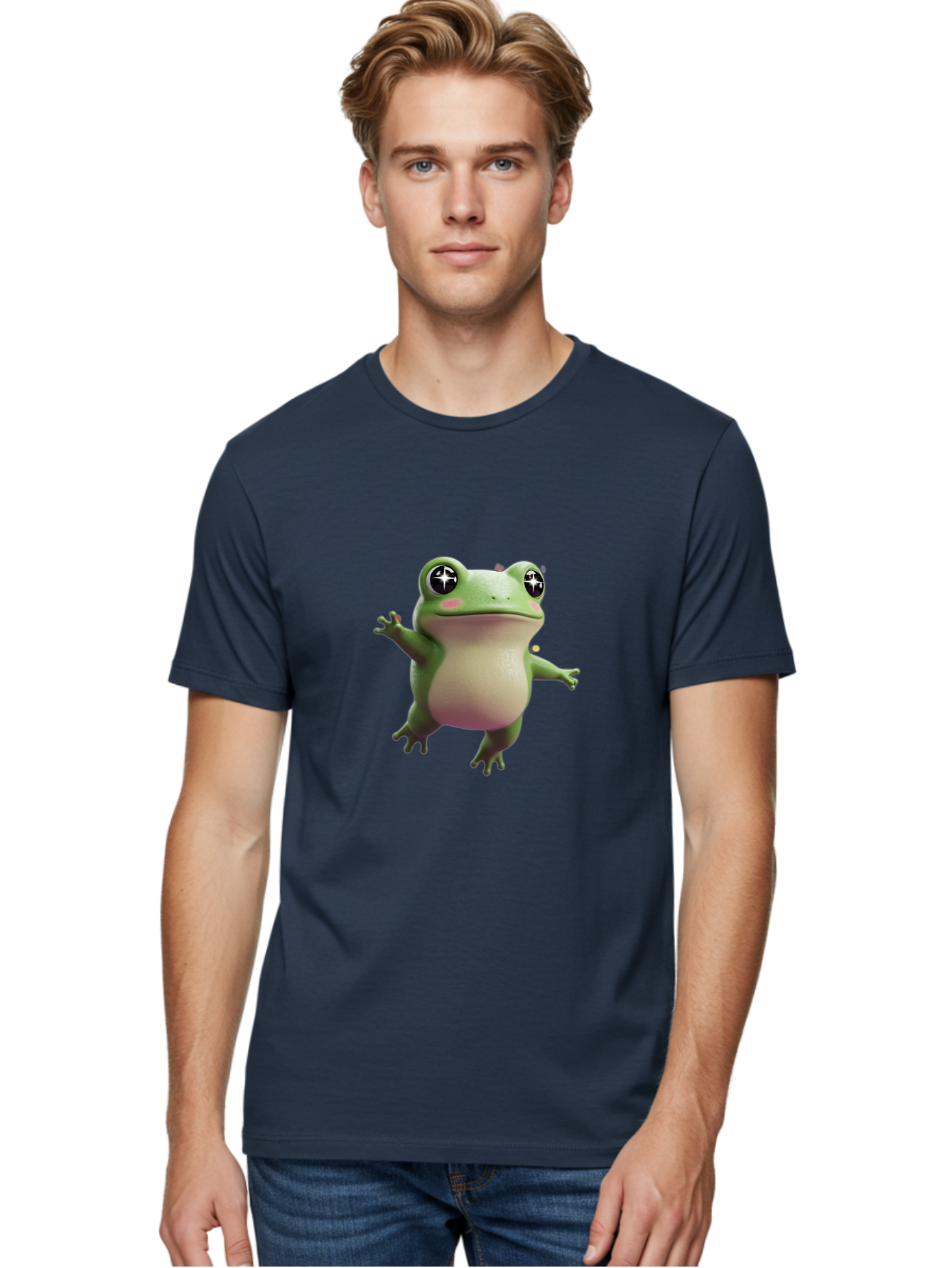 Frog-Meme Men'S Graphic Tee, 100% Cotton, Comfortable Casual Summer Wear, Machine Washable, Cartoon Frog, Green Amphibian, Funny Animal, Big Eyes, Playful Creature, Whimsical Character, Illustration Art, Cute Design, Humorous Graphic Bab925