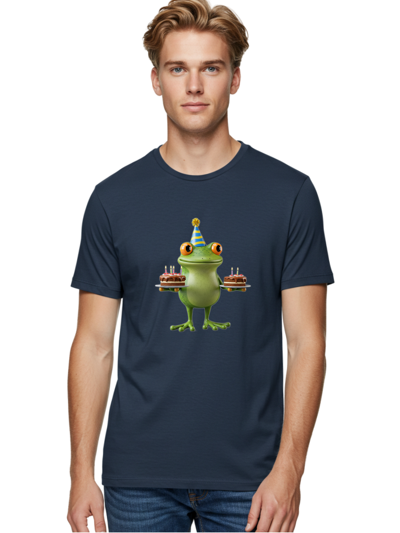 Frog-With-Birthday-Cakes Men'S Graphic Tee, 100% Cotton, Comfortable Casual Summer Wear, Machine Washable, Cartoon Frog, Birthday Celebration, Party Hat, Chocolate Cakes, Lit Candles, Festive Atmosphere, Funny Character, Cartoonish Eyes Bab927