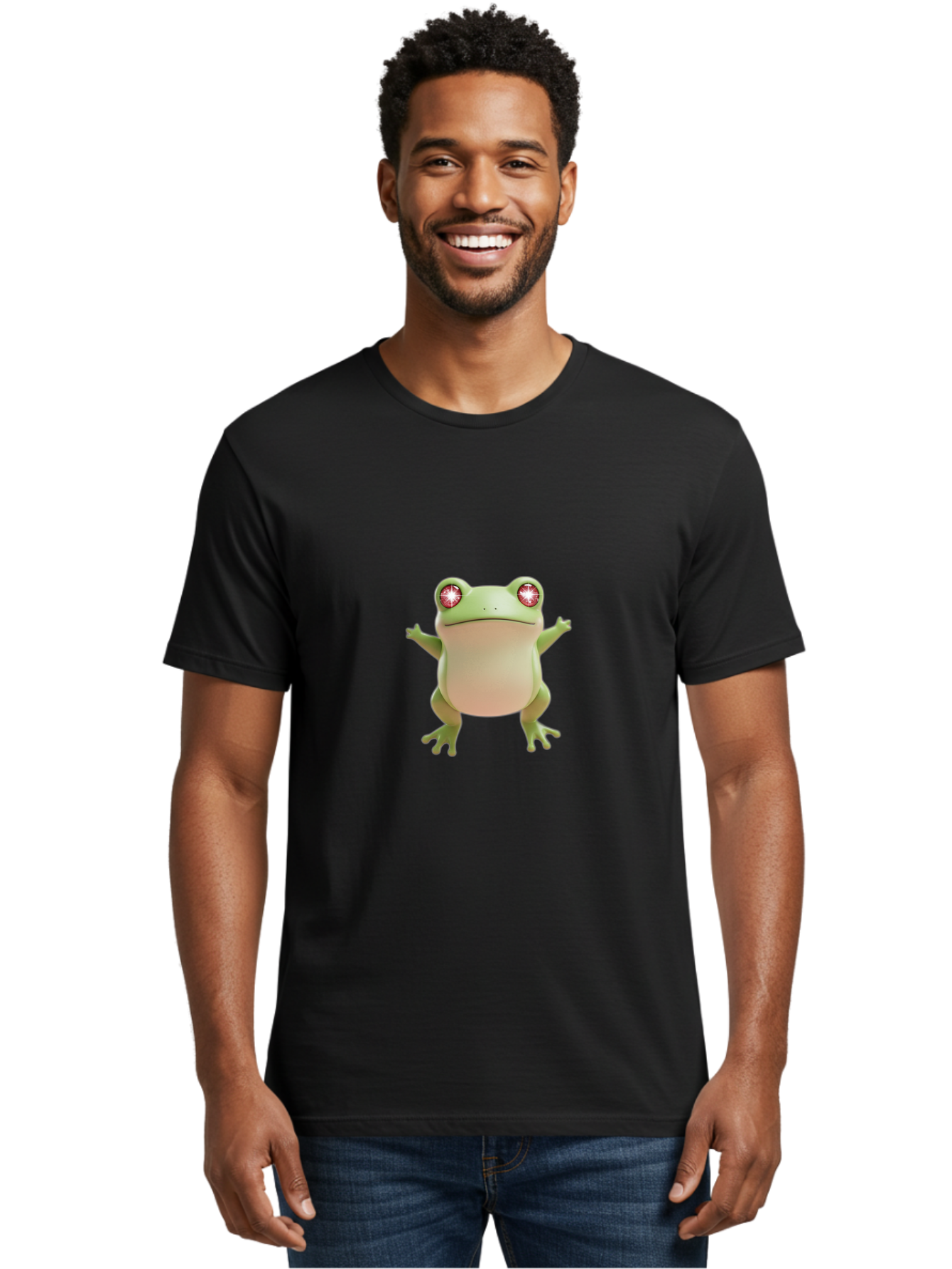 Frog-With-Glowing-Eyes Men'S Graphic Tee, 100% Cotton, Comfortable Casual Summer Wear, Machine Washable, Cartoon Frog, Green Frog, Glowing Red Eyes, 3D Rendering, Cute Amphibian, Vibrant Graphics, Playful Animation, Fun Character Design Bab928