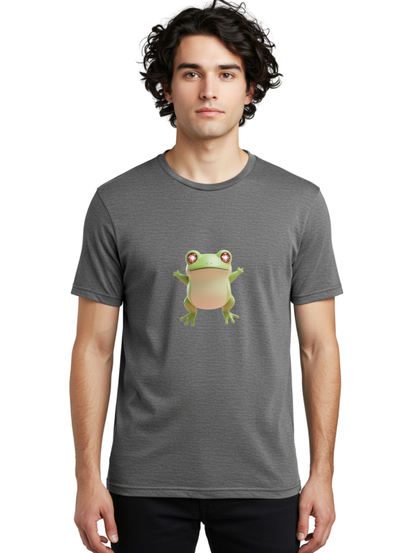 Frog-With-Glowing-Eyes Men'S Graphic Tee, 100% Cotton, Comfortable Casual Summer Wear, Machine Washable, Cartoon Frog, Green Frog, Glowing Red Eyes, 3D Rendering, Cute Amphibian, Vibrant Graphics, Playful Animation, Fun Character Design Bab928