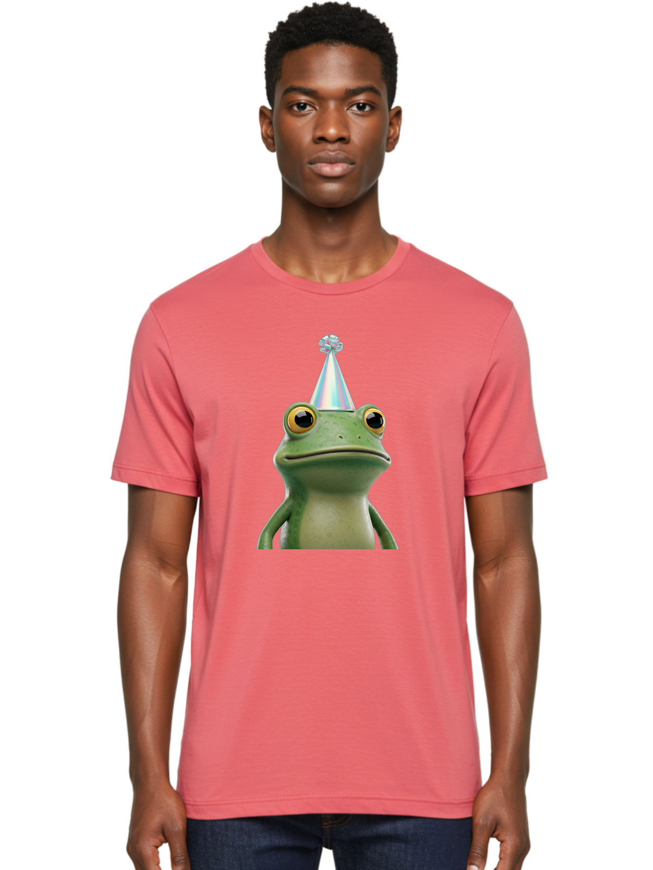 Frog-With-Party-Hat-2 Men'S Graphic Tee, 100% Cotton, Comfortable Casual Summer Wear, Machine Washable, 3D Cartoon Frog, Party Hat, Celebration, Festive Atmosphere, Funny Animal, Party Accessories, Shiny Hat, Comical Expression, Bab930