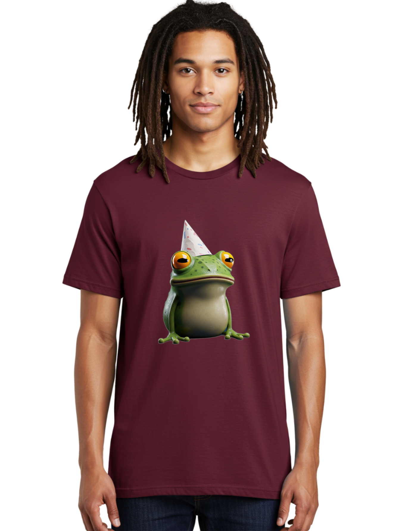 Frog-With-Party-Hat-3 Men'S Graphic Tee, 100% Cotton, Comfortable Casual Summer Wear, Machine Washable, Cartoon Frog, Party Hat, Celebration, Green Frog, Funny Animal, Festive Atmosphere, Comical Character, Joyful Scene, Cute Illustration, Bab931