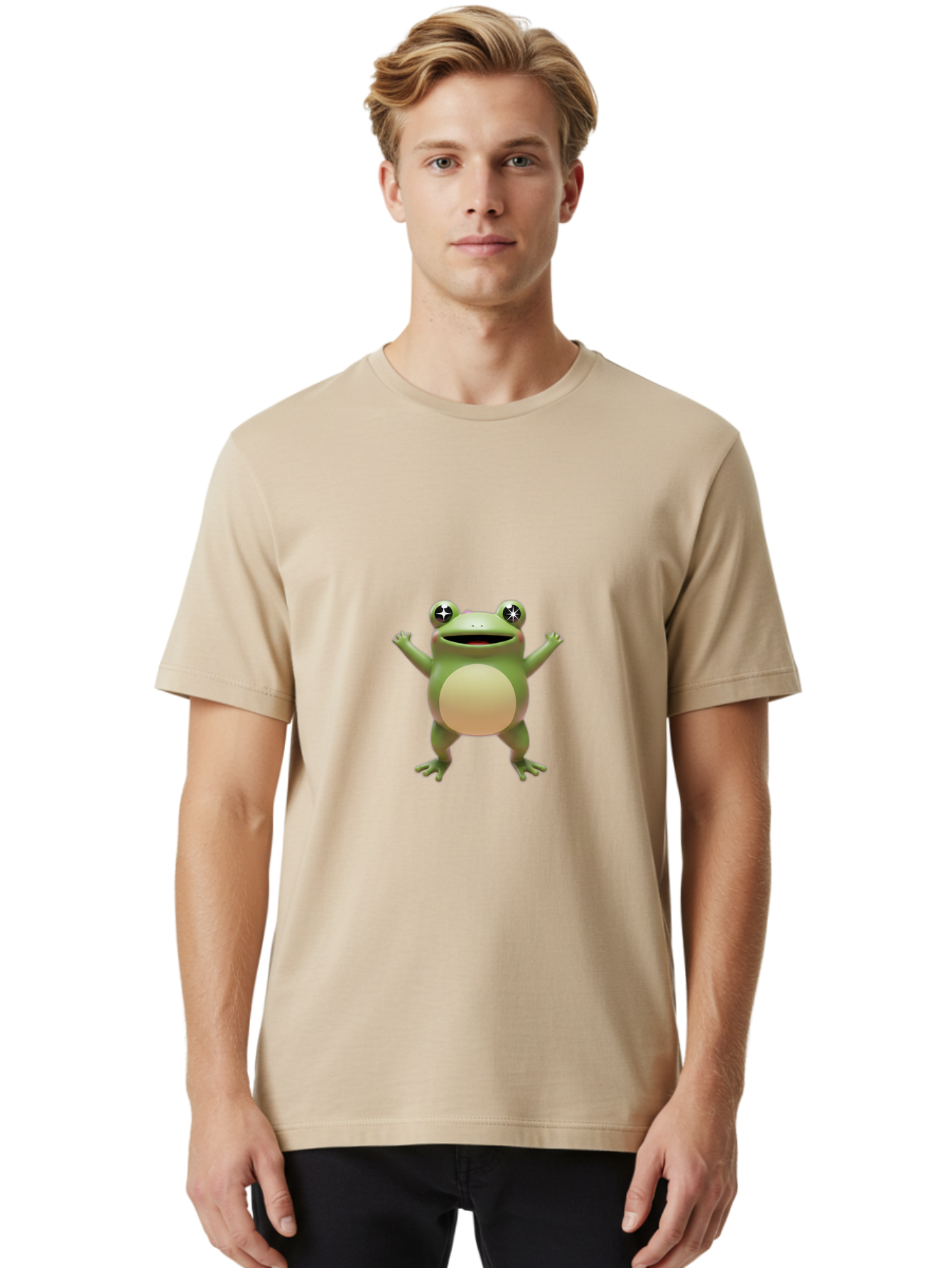 Frog-With-Star-Eyes Men'S Graphic Tee, 100% Cotton, Comfortable Casual Summer Wear, Machine Washable, Cartoon Frog, Green Amphibian, Animated Character, Star Eyes, Happy Expression, Rounded Body, 3D Illustration, Digital Art, Fun Design, Bab933