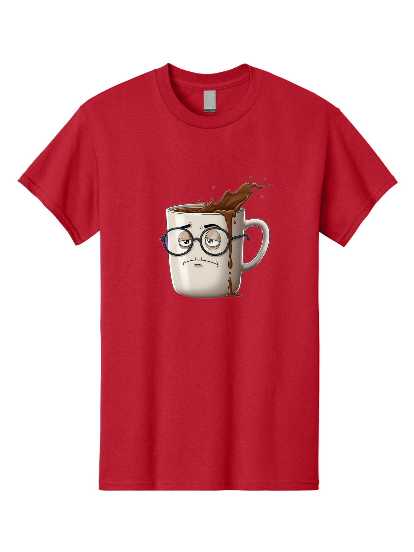 Frowning-Coffee-Mug Men'S Graphic Tee, 100% Cotton, Comfortable Casual Summer Wear, Machine Washable, Unhappy Coffee Cup, Messy Spill, Brown Liquid Splashing, Coffee Stains, Sad Face, Glasses On Mug, Comical Character, Coffee Lover Bab935