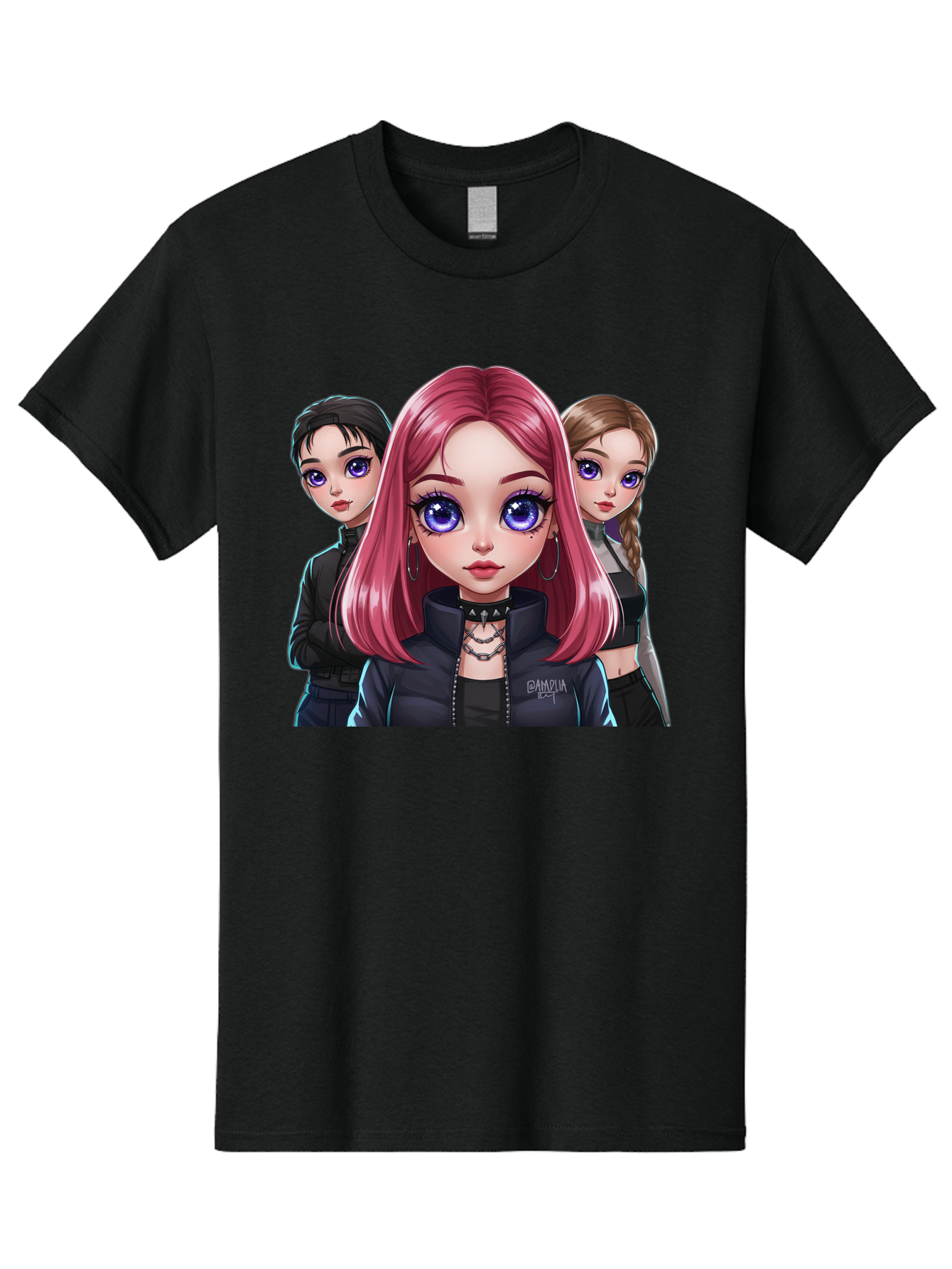 Gagwin Men'S Graphic Tee, 100% Cotton, Comfortable Casual Summer Wear, Machine Washable, Anime Style Illustration, Pink Haired Girl, Blue Eyes, Edgy Fashion, Bold Makeup, Gothic Style, Futuristic Clothing, Choker Necklace, Group Portrait, Bab936