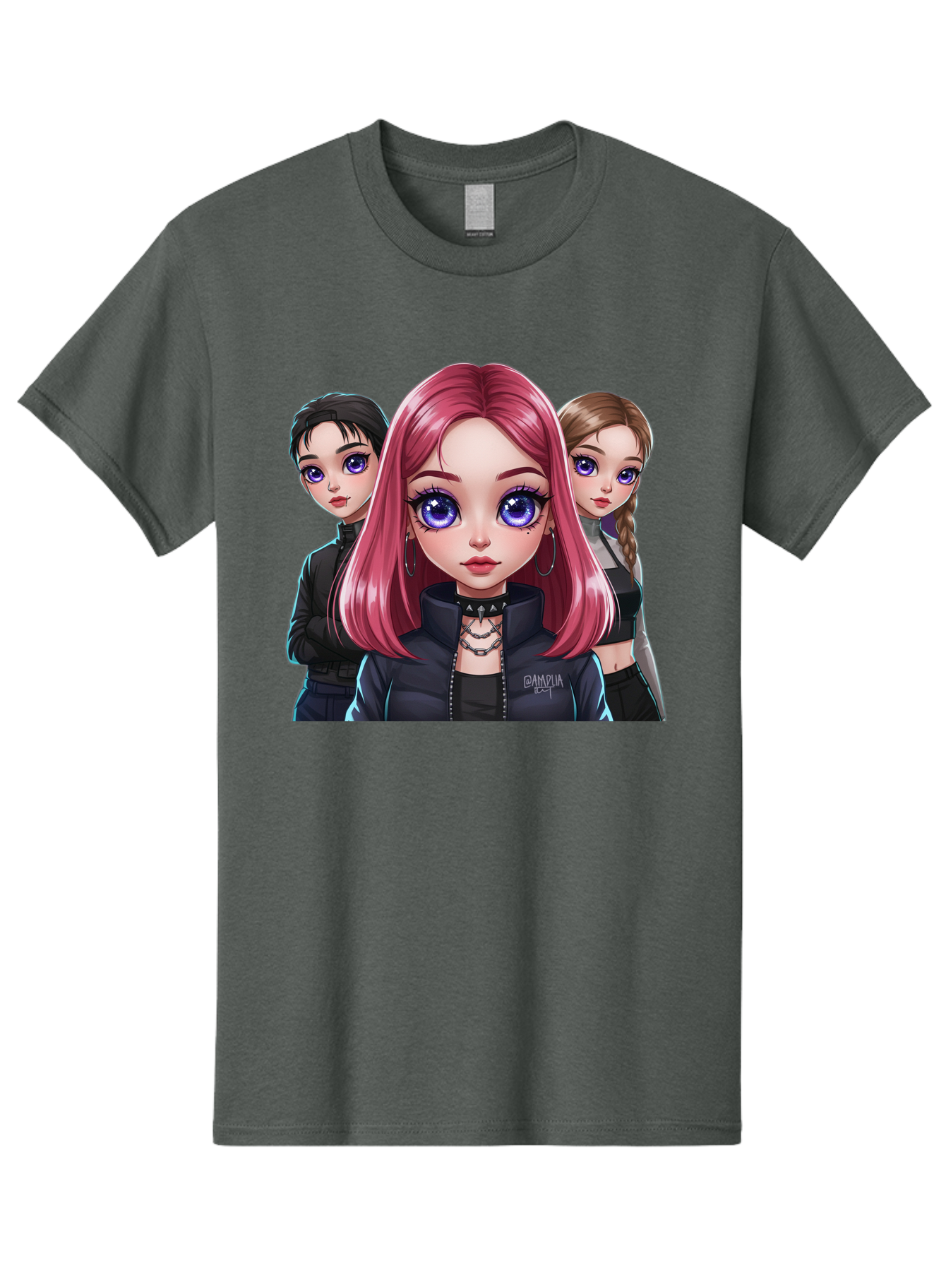 Gagwin Men'S Graphic Tee, 100% Cotton, Comfortable Casual Summer Wear, Machine Washable, Anime Style Illustration, Pink Haired Girl, Blue Eyes, Edgy Fashion, Bold Makeup, Gothic Style, Futuristic Clothing, Choker Necklace, Group Portrait, Bab936