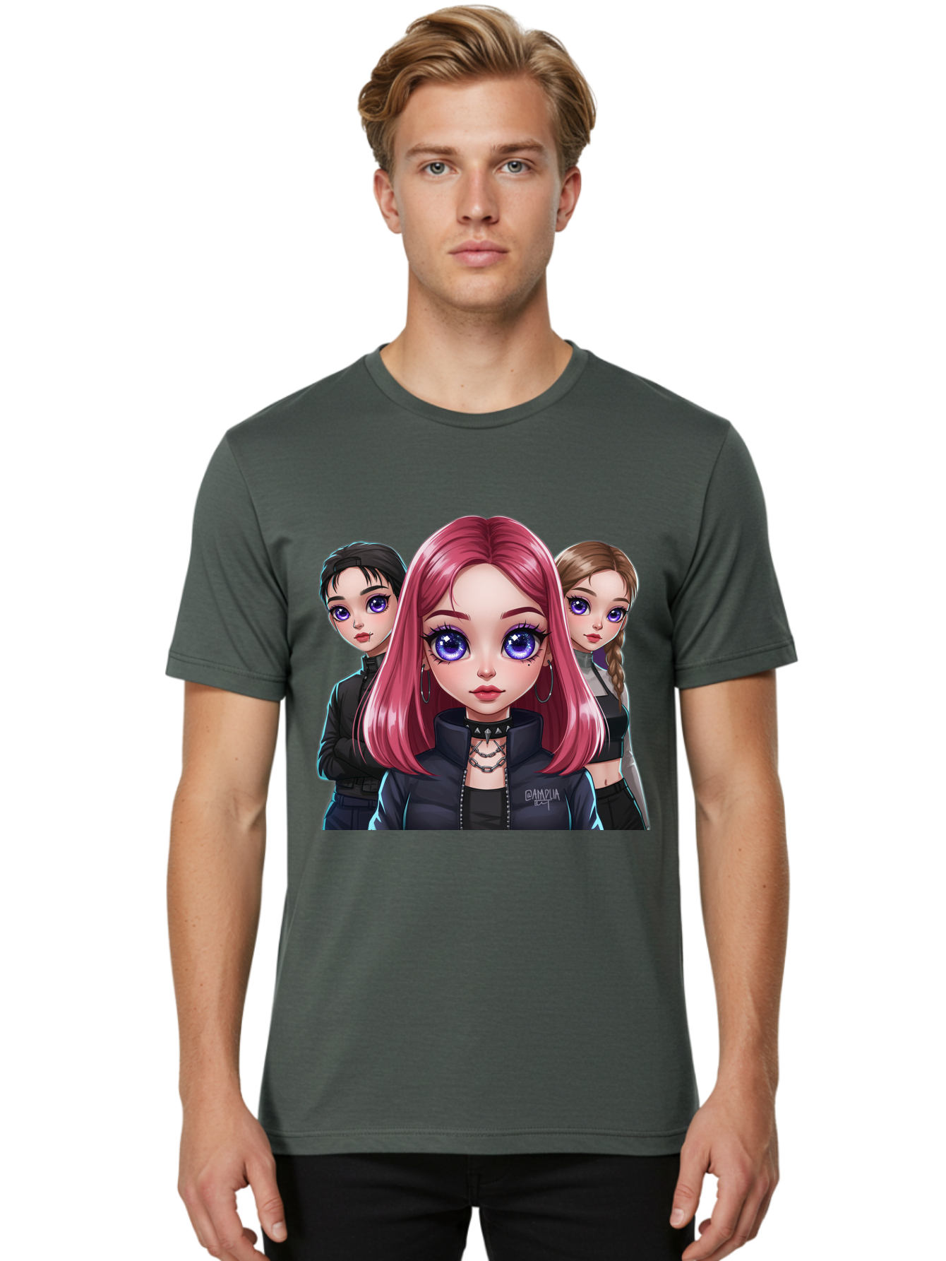 Gagwin Men'S Graphic Tee, 100% Cotton, Comfortable Casual Summer Wear, Machine Washable, Anime Style Illustration, Pink Haired Girl, Blue Eyes, Edgy Fashion, Bold Makeup, Gothic Style, Futuristic Clothing, Choker Necklace, Group Portrait, Bab936