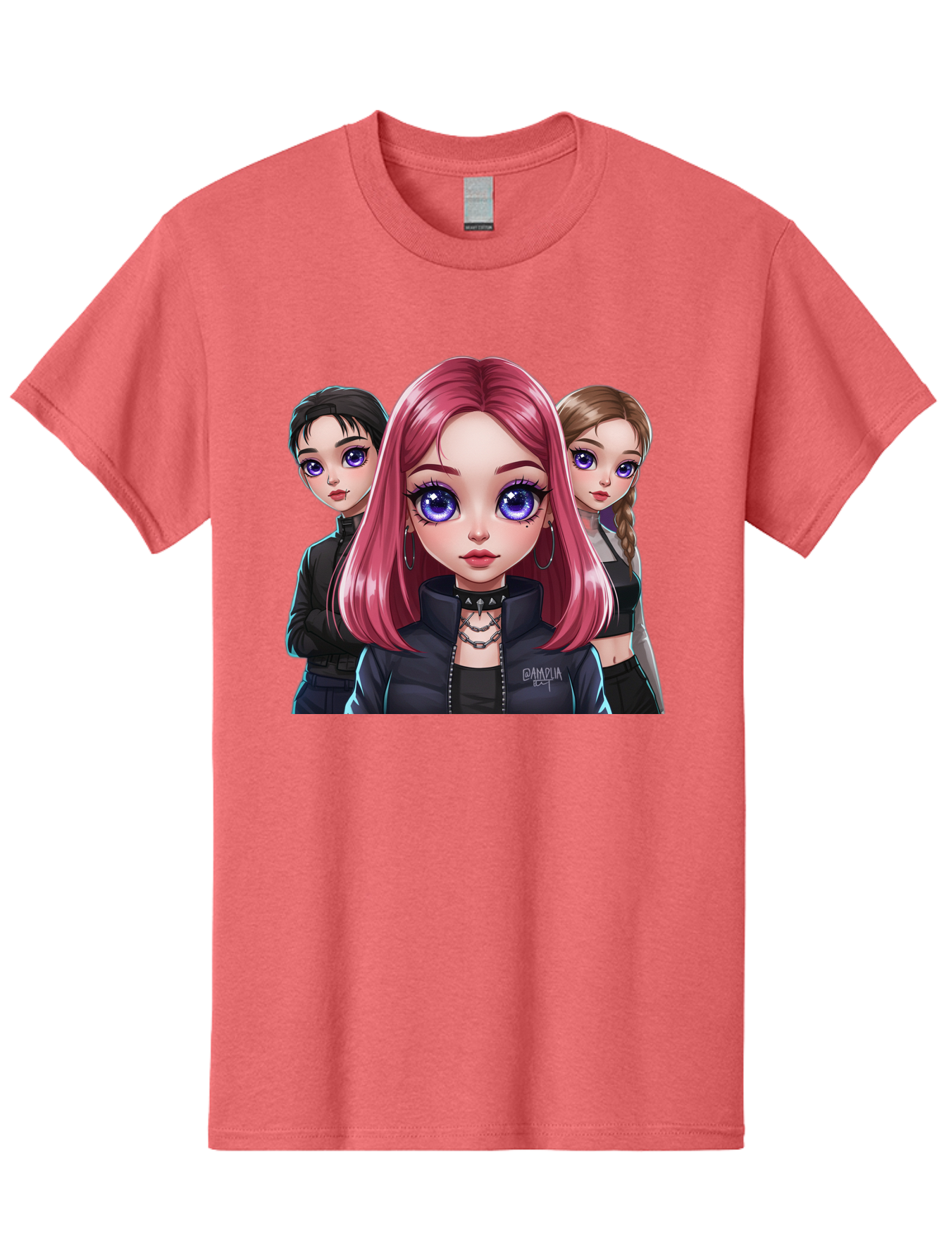 Gagwin Men'S Graphic Tee, 100% Cotton, Comfortable Casual Summer Wear, Machine Washable, Anime Style Illustration, Pink Haired Girl, Blue Eyes, Edgy Fashion, Bold Makeup, Gothic Style, Futuristic Clothing, Choker Necklace, Group Portrait, Bab936