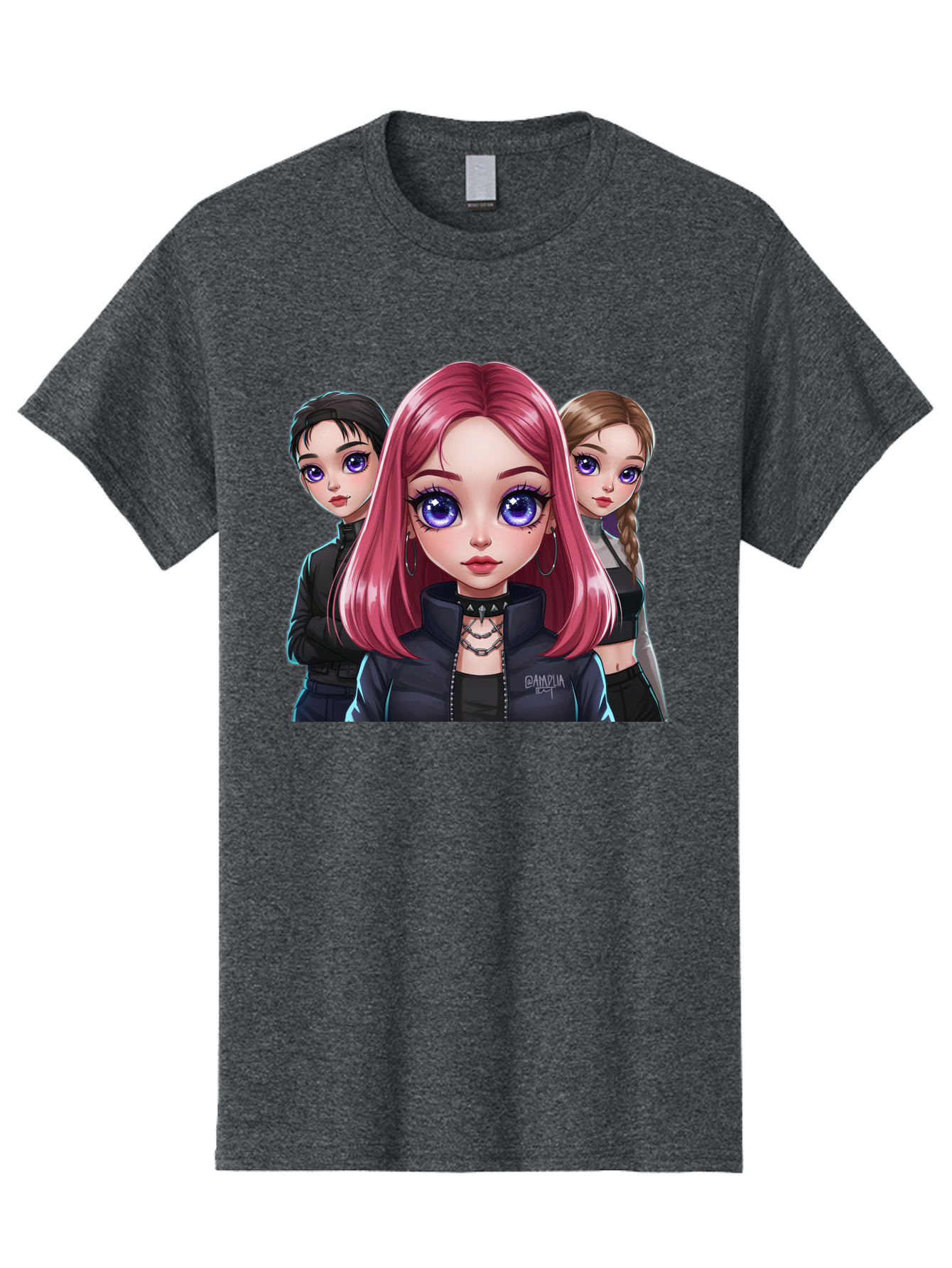 Gagwin Men'S Graphic Tee, 100% Cotton, Comfortable Casual Summer Wear, Machine Washable, Anime Style Illustration, Pink Haired Girl, Blue Eyes, Edgy Fashion, Bold Makeup, Gothic Style, Futuristic Clothing, Choker Necklace, Group Portrait, Bab936