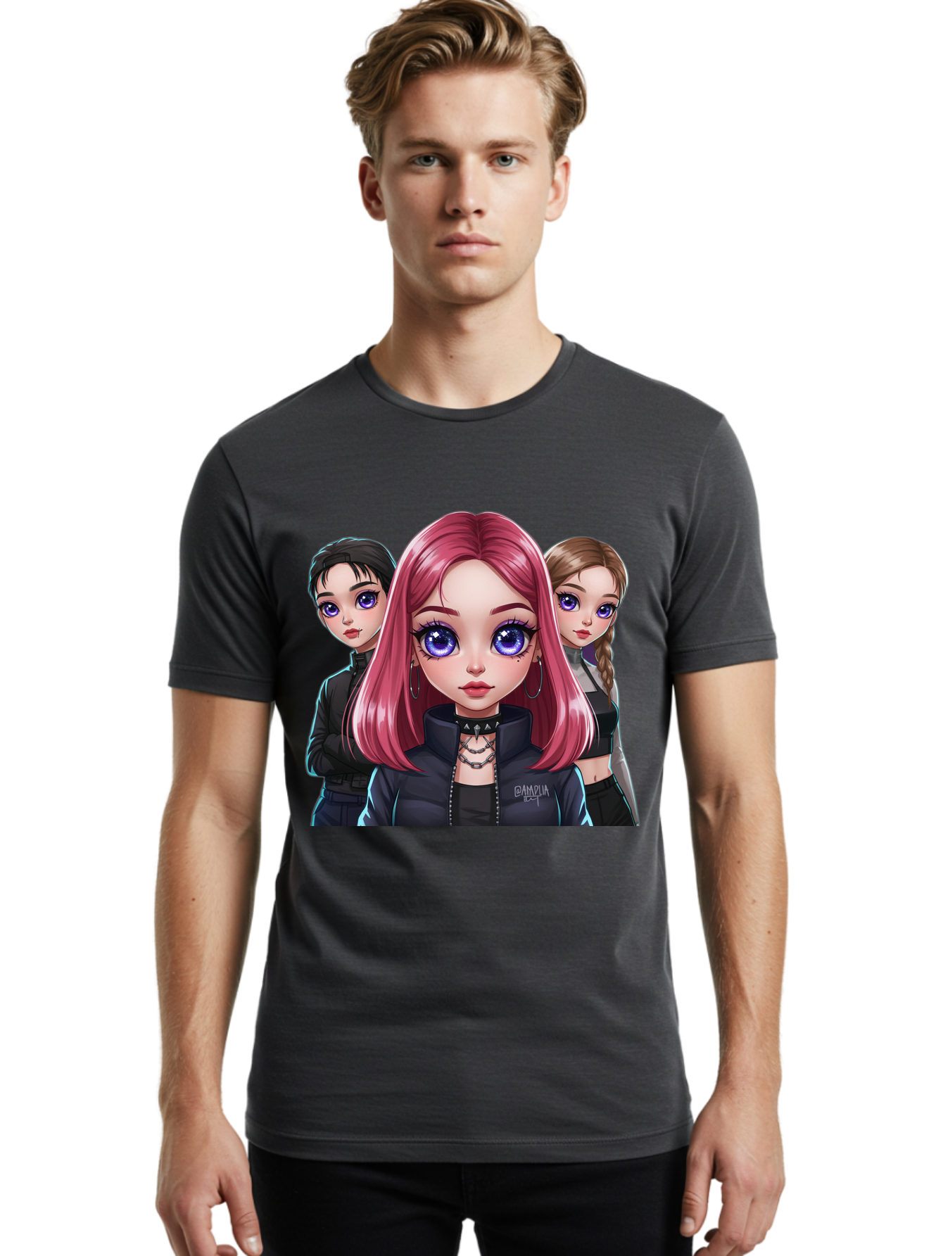 Gagwin Men'S Graphic Tee, 100% Cotton, Comfortable Casual Summer Wear, Machine Washable, Anime Style Illustration, Pink Haired Girl, Blue Eyes, Edgy Fashion, Bold Makeup, Gothic Style, Futuristic Clothing, Choker Necklace, Group Portrait, Bab936