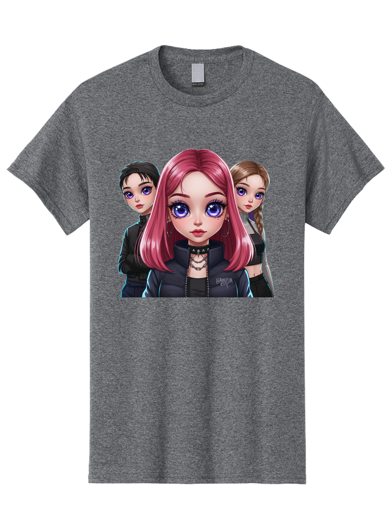 Gagwin Men'S Graphic Tee, 100% Cotton, Comfortable Casual Summer Wear, Machine Washable, Anime Style Illustration, Pink Haired Girl, Blue Eyes, Edgy Fashion, Bold Makeup, Gothic Style, Futuristic Clothing, Choker Necklace, Group Portrait, Bab936