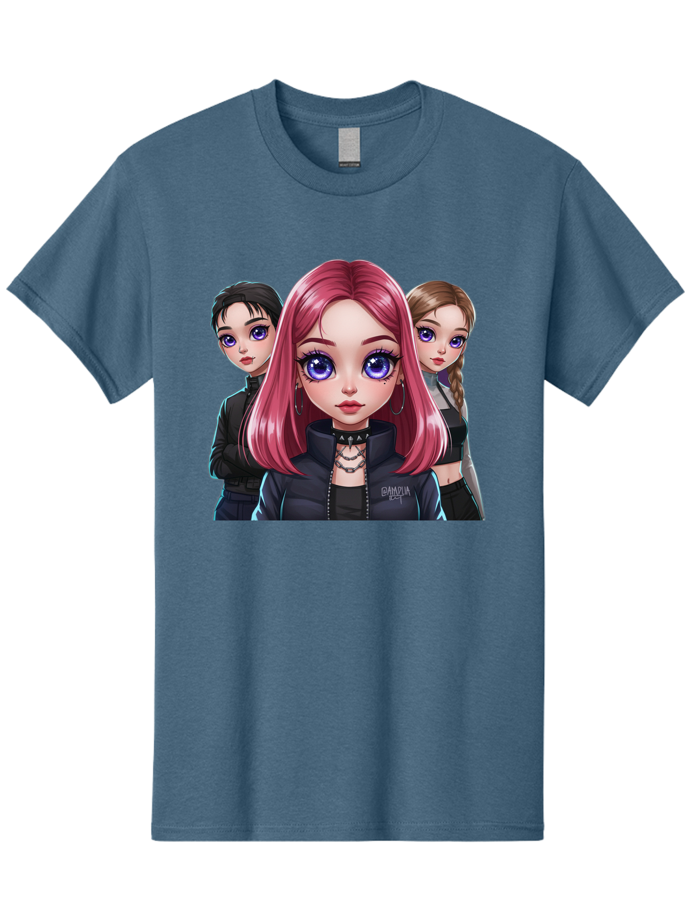 Gagwin Men'S Graphic Tee, 100% Cotton, Comfortable Casual Summer Wear, Machine Washable, Anime Style Illustration, Pink Haired Girl, Blue Eyes, Edgy Fashion, Bold Makeup, Gothic Style, Futuristic Clothing, Choker Necklace, Group Portrait, Bab936