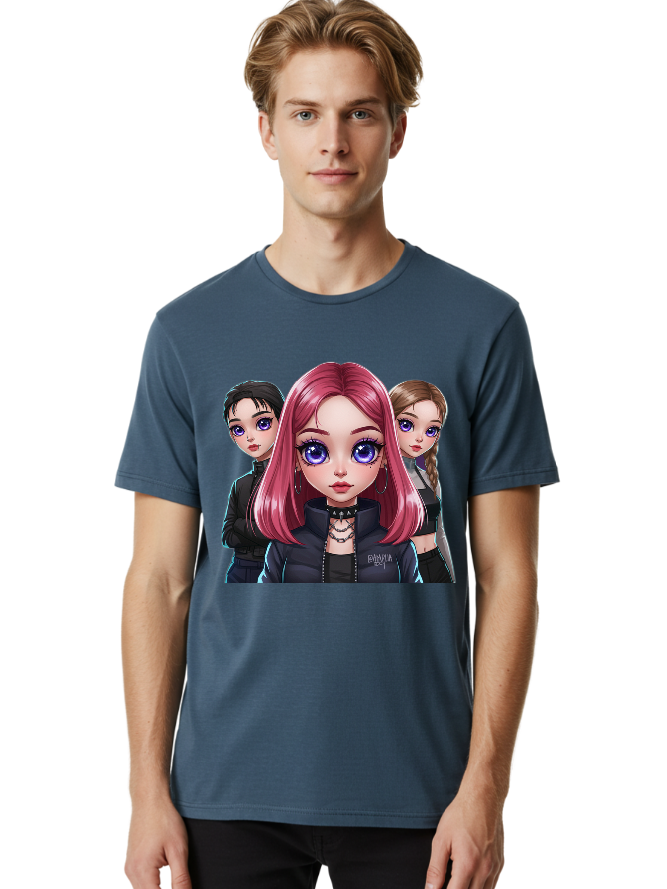 Gagwin Men'S Graphic Tee, 100% Cotton, Comfortable Casual Summer Wear, Machine Washable, Anime Style Illustration, Pink Haired Girl, Blue Eyes, Edgy Fashion, Bold Makeup, Gothic Style, Futuristic Clothing, Choker Necklace, Group Portrait, Bab936