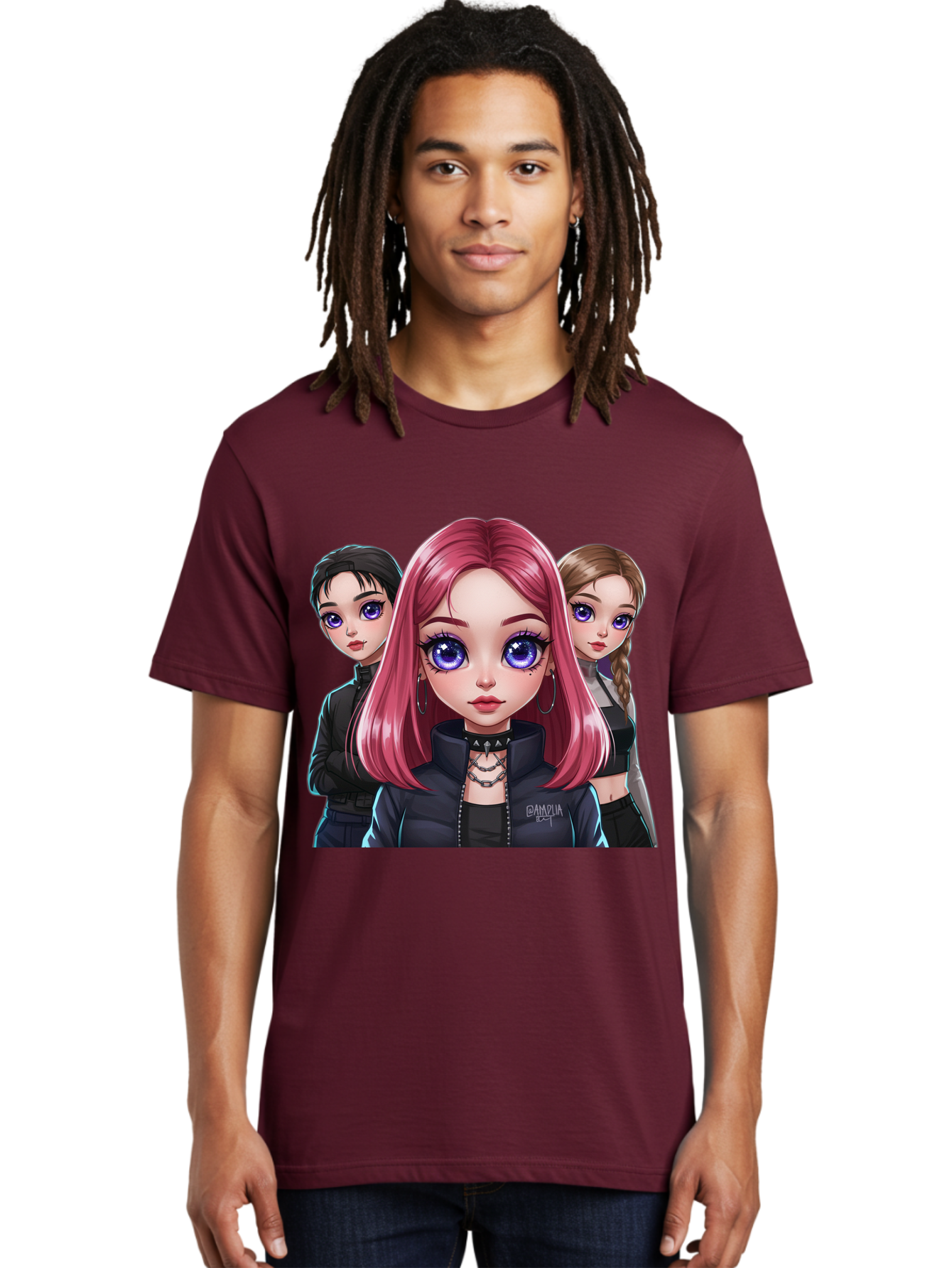 Gagwin Men'S Graphic Tee, 100% Cotton, Comfortable Casual Summer Wear, Machine Washable, Anime Style Illustration, Pink Haired Girl, Blue Eyes, Edgy Fashion, Bold Makeup, Gothic Style, Futuristic Clothing, Choker Necklace, Group Portrait, Bab936