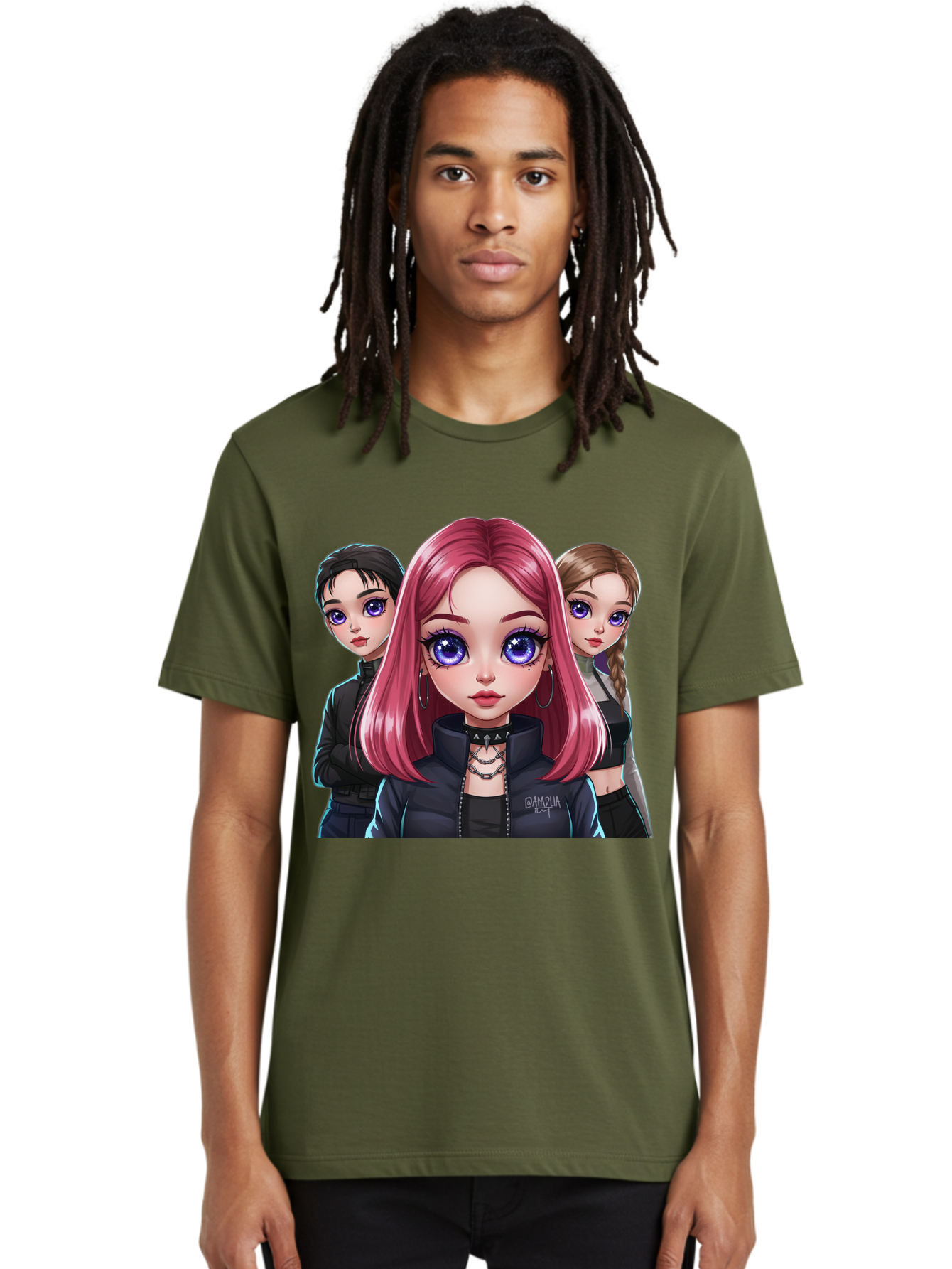 Gagwin Men'S Graphic Tee, 100% Cotton, Comfortable Casual Summer Wear, Machine Washable, Anime Style Illustration, Pink Haired Girl, Blue Eyes, Edgy Fashion, Bold Makeup, Gothic Style, Futuristic Clothing, Choker Necklace, Group Portrait, Bab936