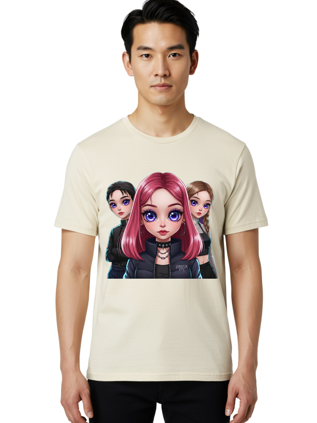 Gagwin Men'S Graphic Tee, 100% Cotton, Comfortable Casual Summer Wear, Machine Washable, Anime Style Illustration, Pink Haired Girl, Blue Eyes, Edgy Fashion, Bold Makeup, Gothic Style, Futuristic Clothing, Choker Necklace, Group Portrait, Bab936