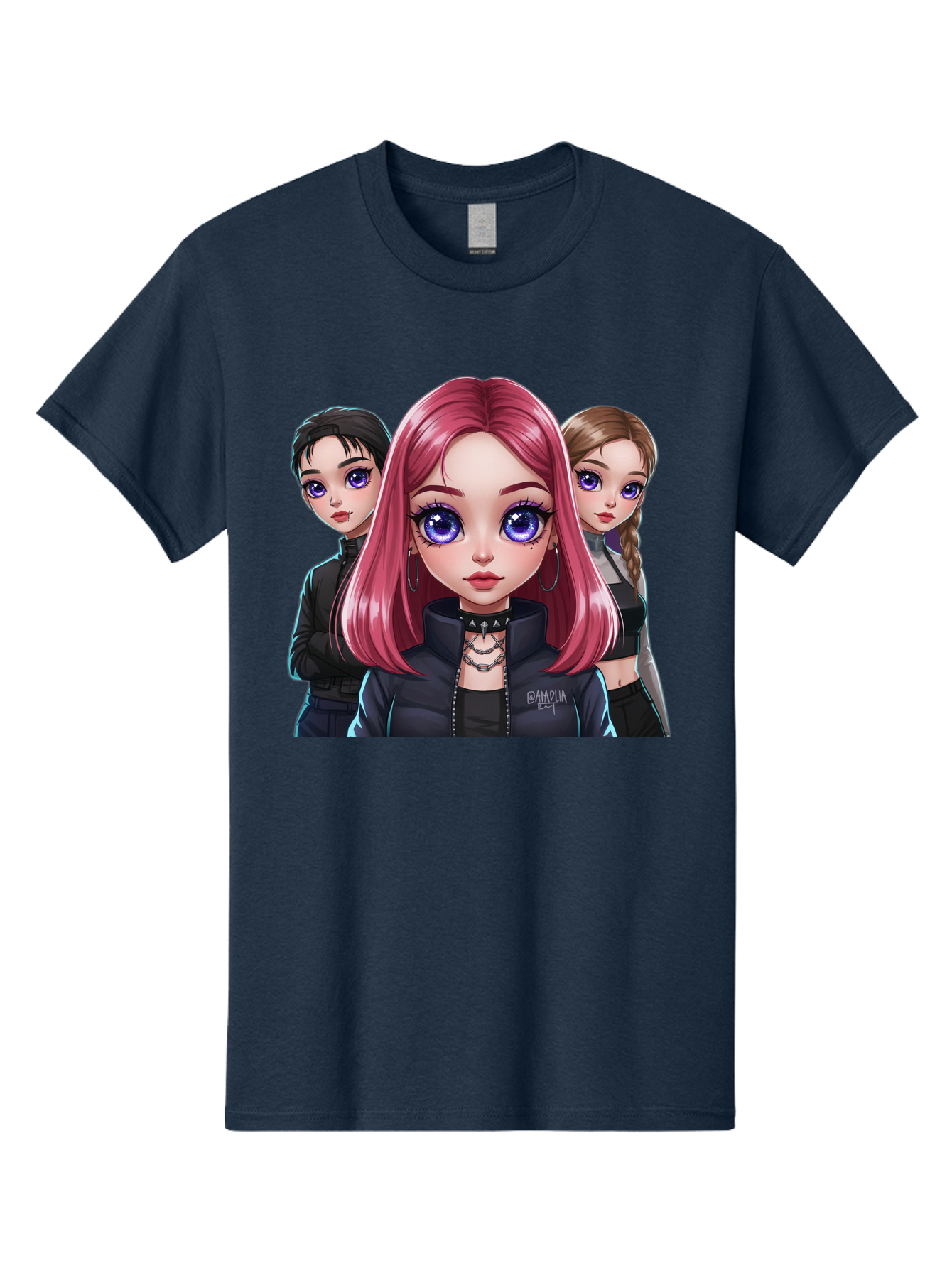 Gagwin Men'S Graphic Tee, 100% Cotton, Comfortable Casual Summer Wear, Machine Washable, Anime Style Illustration, Pink Haired Girl, Blue Eyes, Edgy Fashion, Bold Makeup, Gothic Style, Futuristic Clothing, Choker Necklace, Group Portrait, Bab936