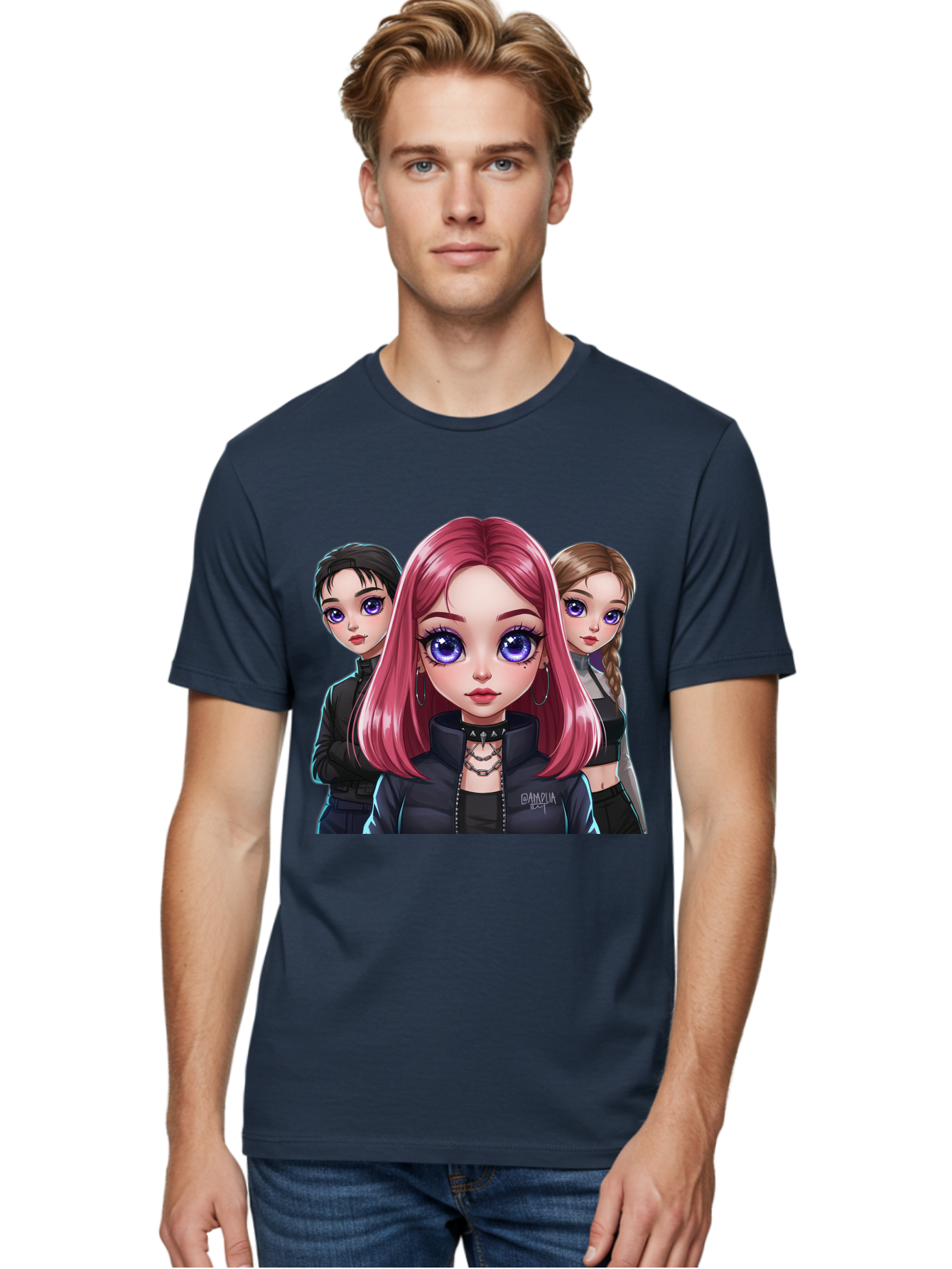Gagwin Men'S Graphic Tee, 100% Cotton, Comfortable Casual Summer Wear, Machine Washable, Anime Style Illustration, Pink Haired Girl, Blue Eyes, Edgy Fashion, Bold Makeup, Gothic Style, Futuristic Clothing, Choker Necklace, Group Portrait, Bab936