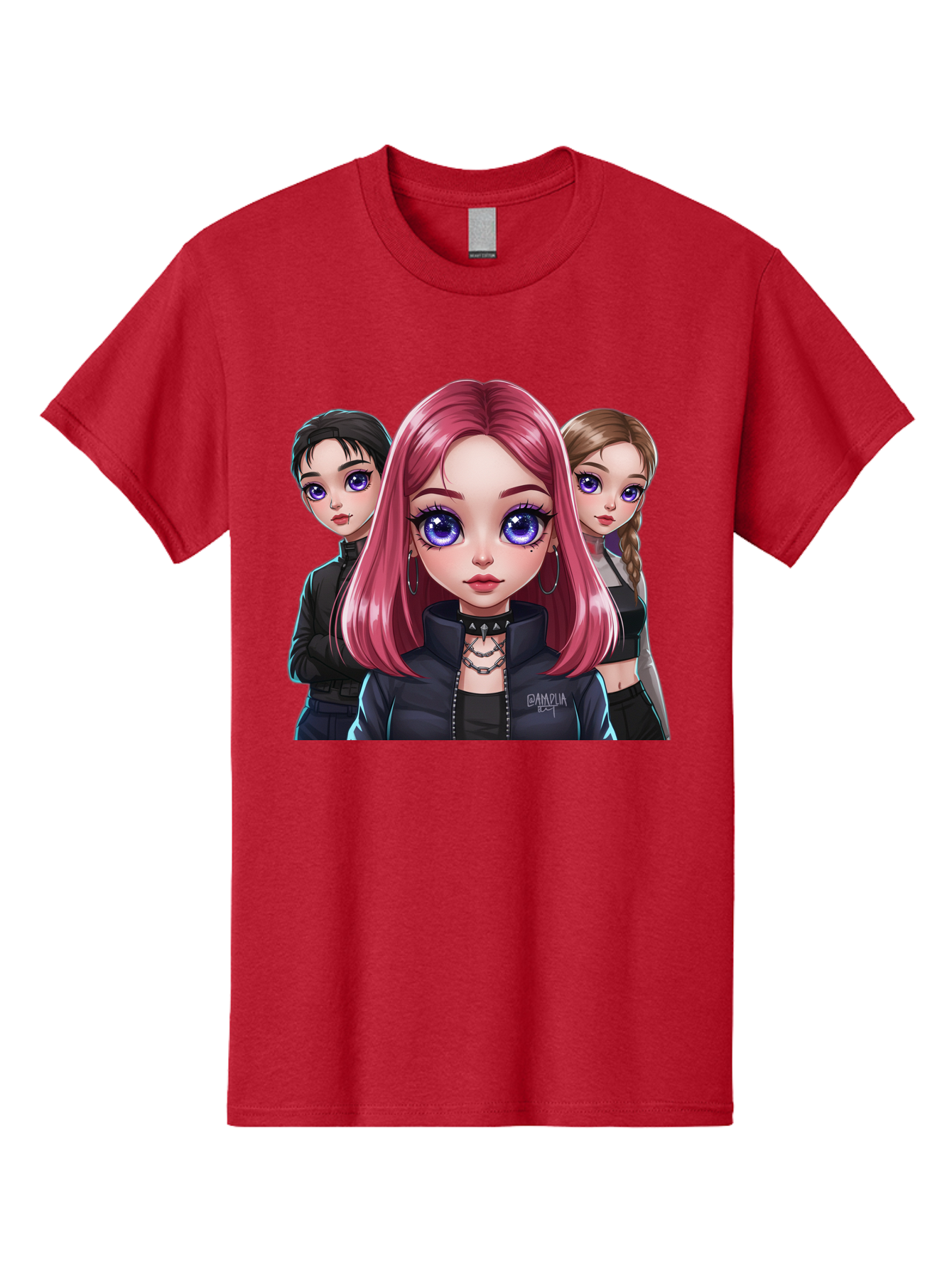 Gagwin Men'S Graphic Tee, 100% Cotton, Comfortable Casual Summer Wear, Machine Washable, Anime Style Illustration, Pink Haired Girl, Blue Eyes, Edgy Fashion, Bold Makeup, Gothic Style, Futuristic Clothing, Choker Necklace, Group Portrait, Bab936