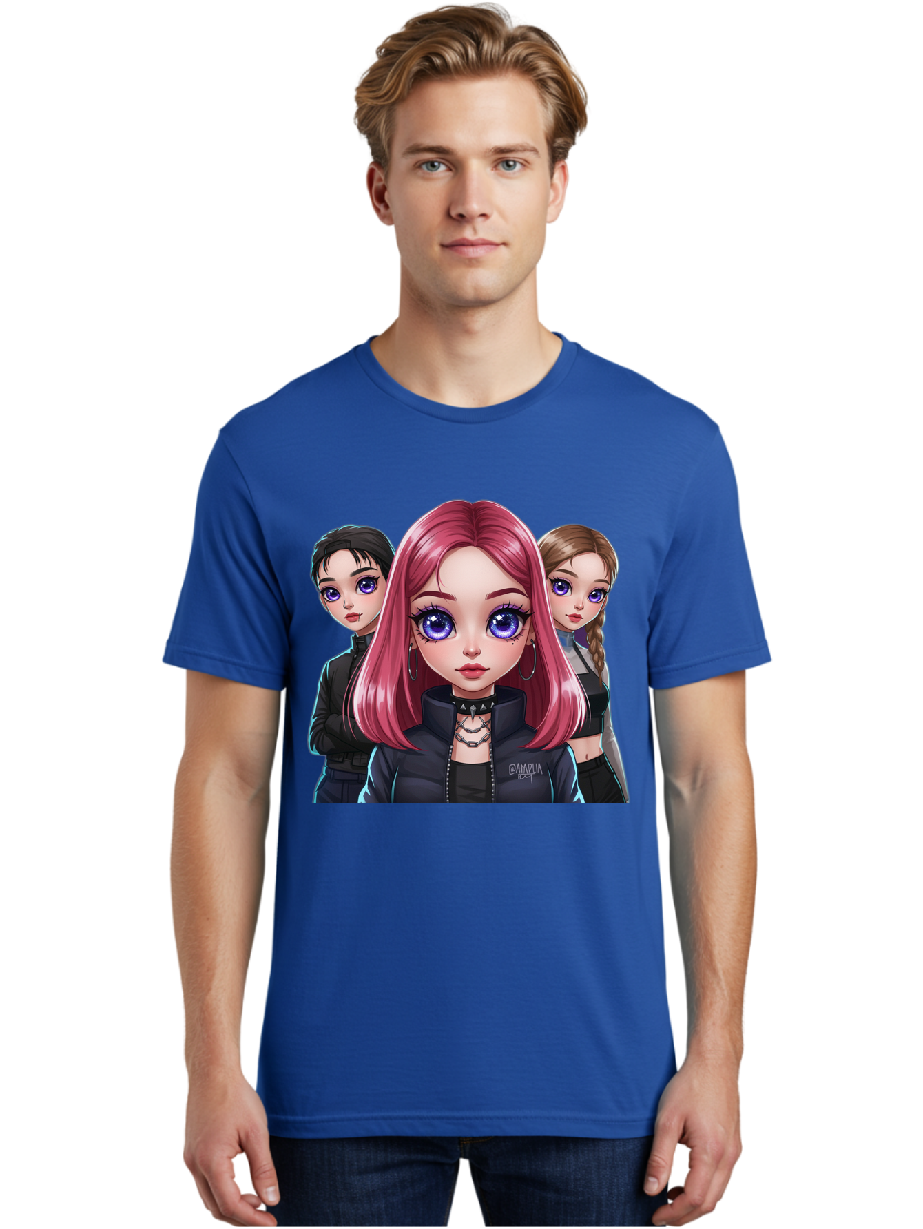 Gagwin Men'S Graphic Tee, 100% Cotton, Comfortable Casual Summer Wear, Machine Washable, Anime Style Illustration, Pink Haired Girl, Blue Eyes, Edgy Fashion, Bold Makeup, Gothic Style, Futuristic Clothing, Choker Necklace, Group Portrait, Bab936