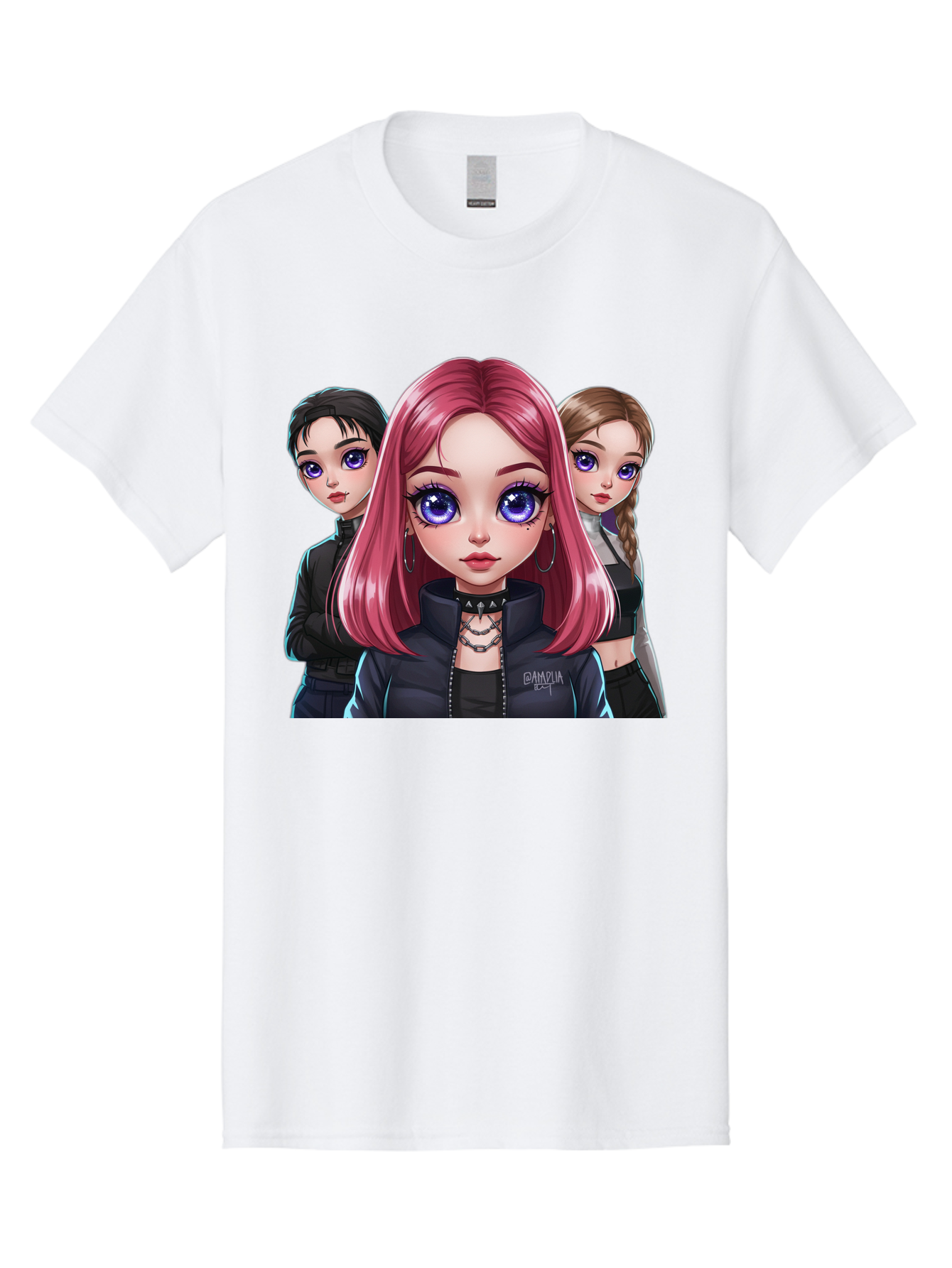 Gagwin Men'S Graphic Tee, 100% Cotton, Comfortable Casual Summer Wear, Machine Washable, Anime Style Illustration, Pink Haired Girl, Blue Eyes, Edgy Fashion, Bold Makeup, Gothic Style, Futuristic Clothing, Choker Necklace, Group Portrait, Bab936