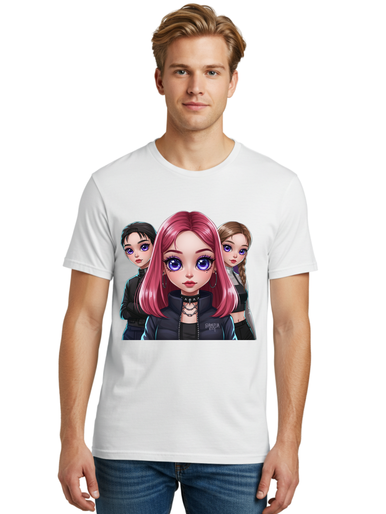 Gagwin Men'S Graphic Tee, 100% Cotton, Comfortable Casual Summer Wear, Machine Washable, Anime Style Illustration, Pink Haired Girl, Blue Eyes, Edgy Fashion, Bold Makeup, Gothic Style, Futuristic Clothing, Choker Necklace, Group Portrait, Bab936