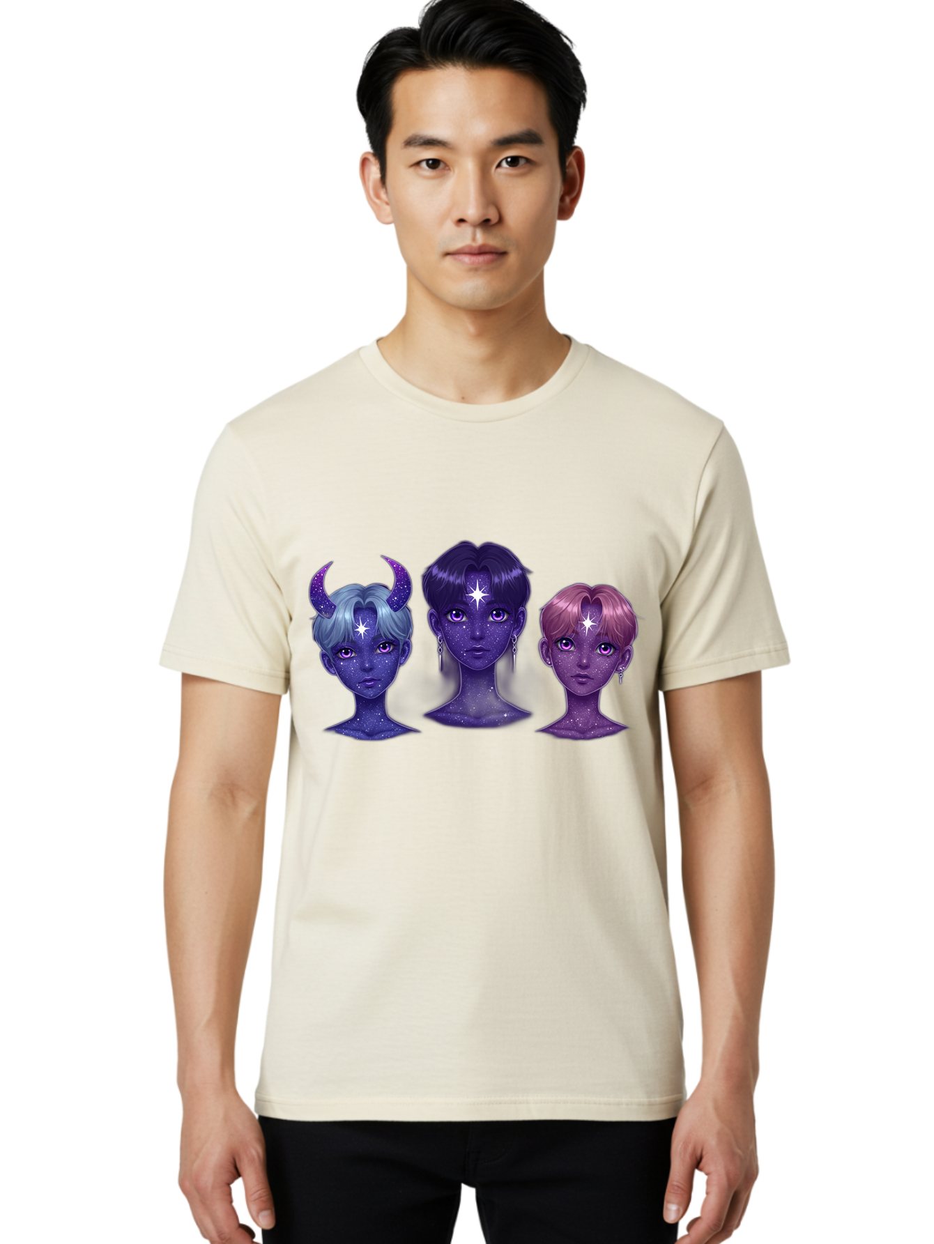 Galactic-K-Pop-Idols Men'S Graphic Tee, 100% Cotton, Comfortable Casual Summer Wear, Machine Washable, K-Pop Idols, Purple Skin Tone, Starry Faces, Horns On Head, Cartoon Style, Galaxy Inspired, Vibrant Hairstyles, Bold Earrings, Bab937