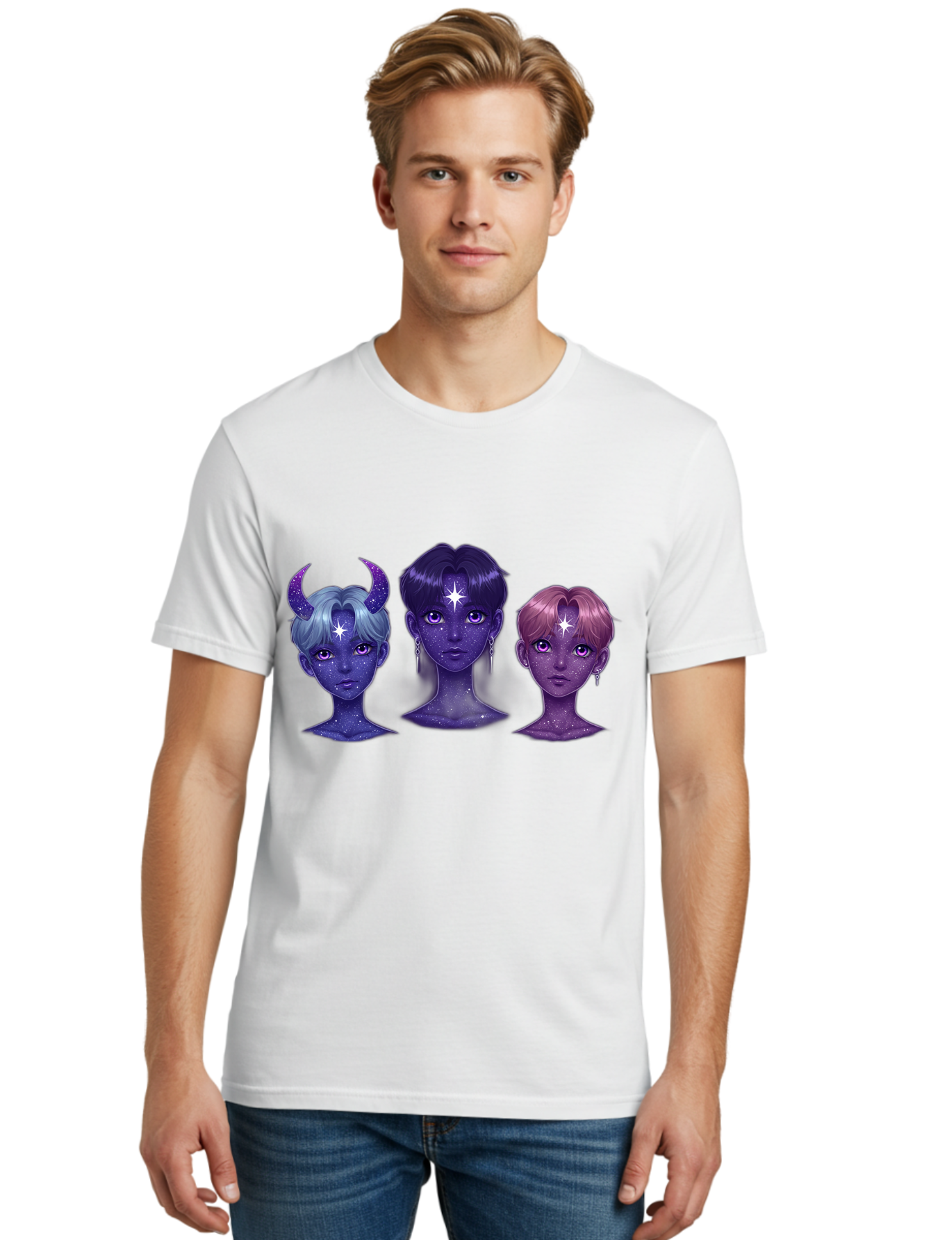 Galactic-K-Pop-Idols Men'S Graphic Tee, 100% Cotton, Comfortable Casual Summer Wear, Machine Washable, K-Pop Idols, Purple Skin Tone, Starry Faces, Horns On Head, Cartoon Style, Galaxy Inspired, Vibrant Hairstyles, Bold Earrings, Bab937