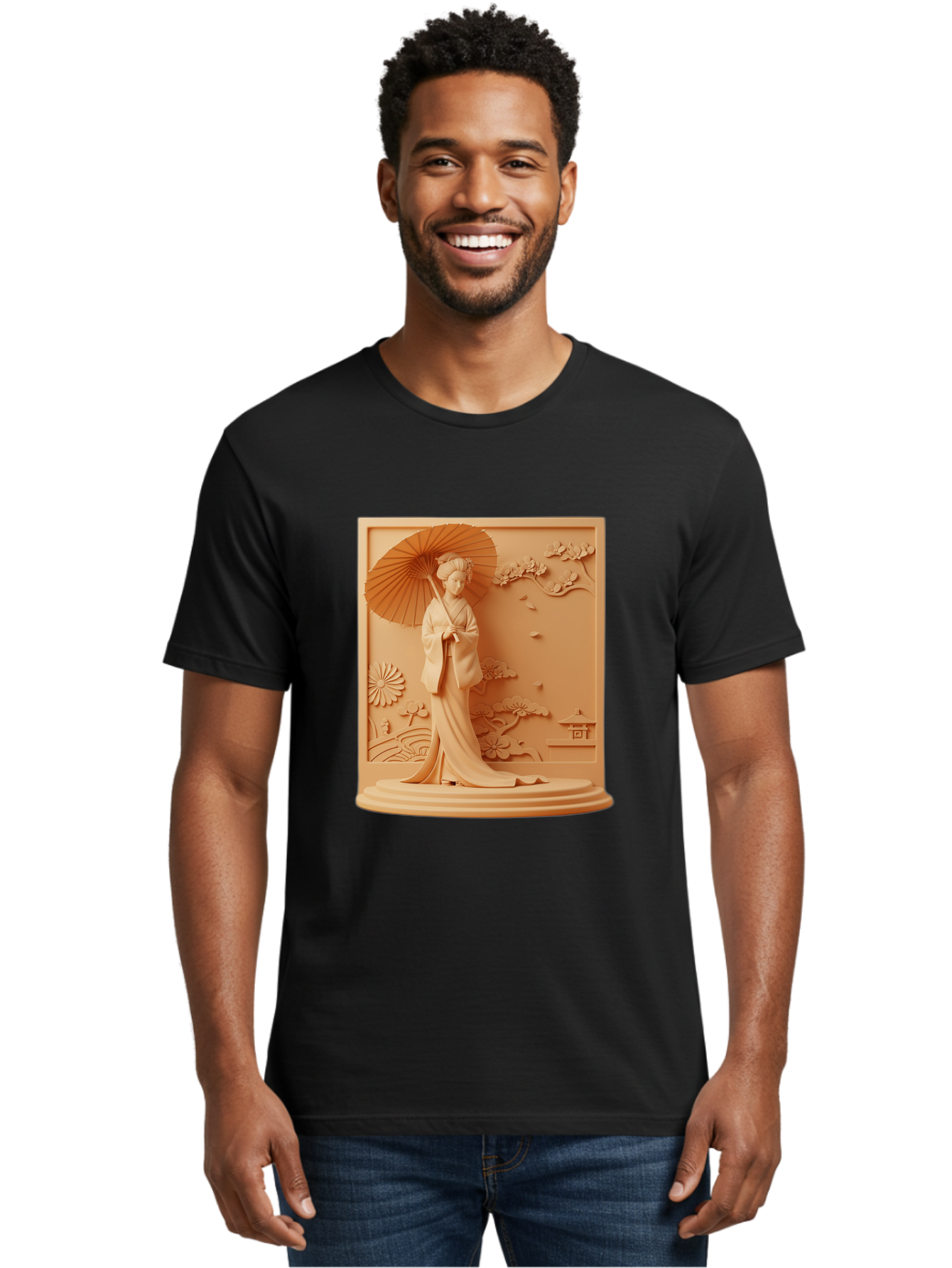Geisha Men'S Graphic Tee, 100% Cotton, Comfortable Casual Summer Wear, Machine Washable, Geisha, Traditional Japanese Woman, Parasol, Kimono, Serene Atmosphere, Cultural Heritage, Elegant, Figurine, Decorative Art, Intricate Design, Bab938
