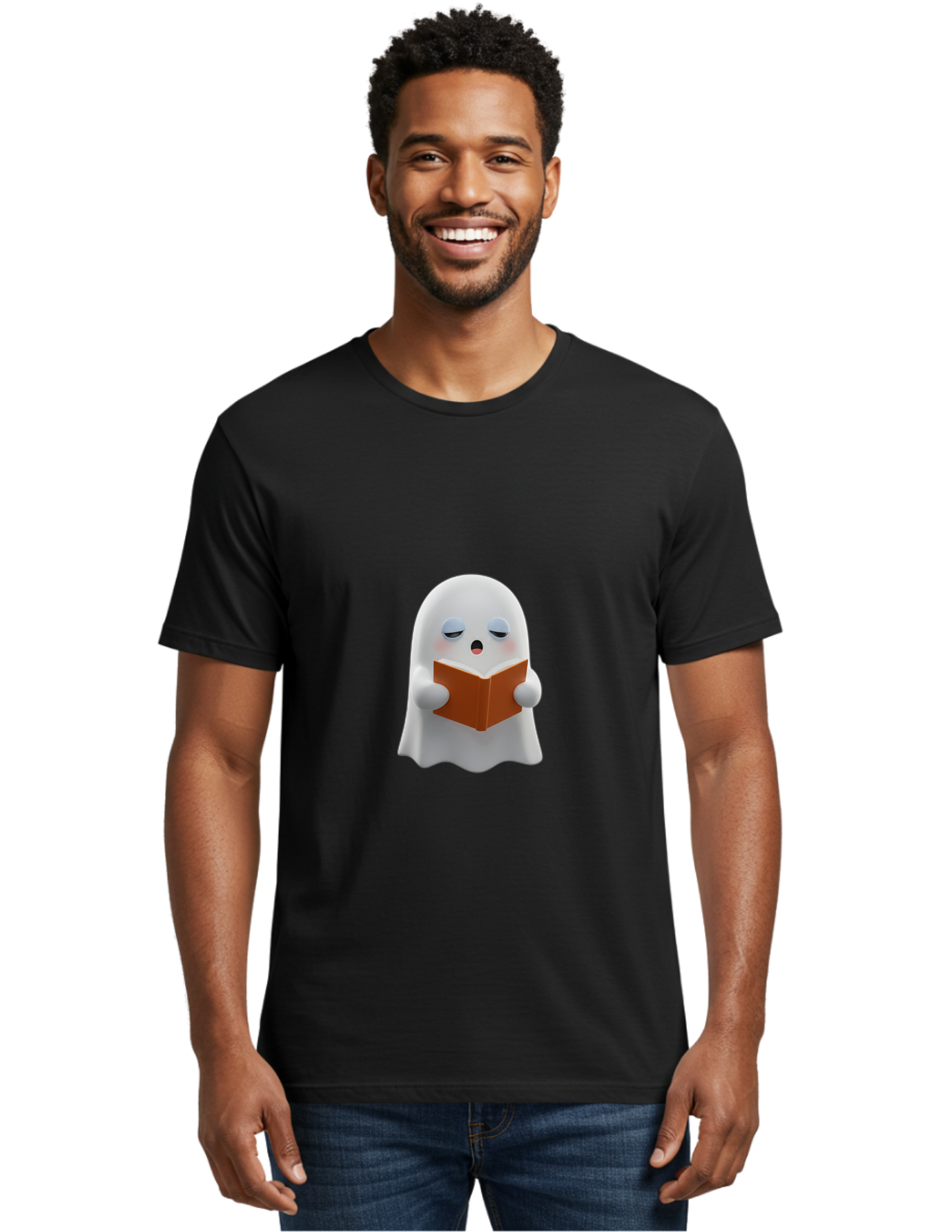 Ghost-Reading-Book Men'S Graphic Tee, 100% Cotton, Comfortable Casual Summer Wear, Machine Washable, White Ghost, Reading A Book, Cartoon Character, 3D Illustration, Cute Ghost, Ghostly Figure, Bookworm, Adorable, Funny, Spooky, Halloween, Bab939