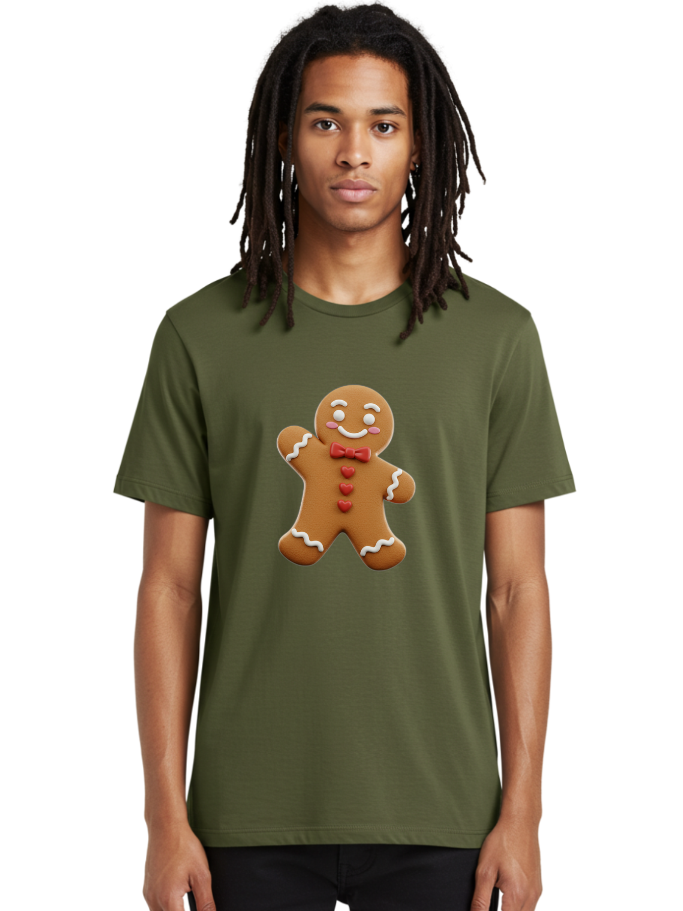 Gingerbread-Man-1 Men'S Graphic Tee, 100% Cotton, Comfortable Casual Summer Wear, Machine Washable, Gingerbread Man, Sweet Treat, Holiday Baking, Festive Cookie, Whimsical Design, Red Bow Tie, White Icing, Heart Buttons, Cartoon Character Bab941