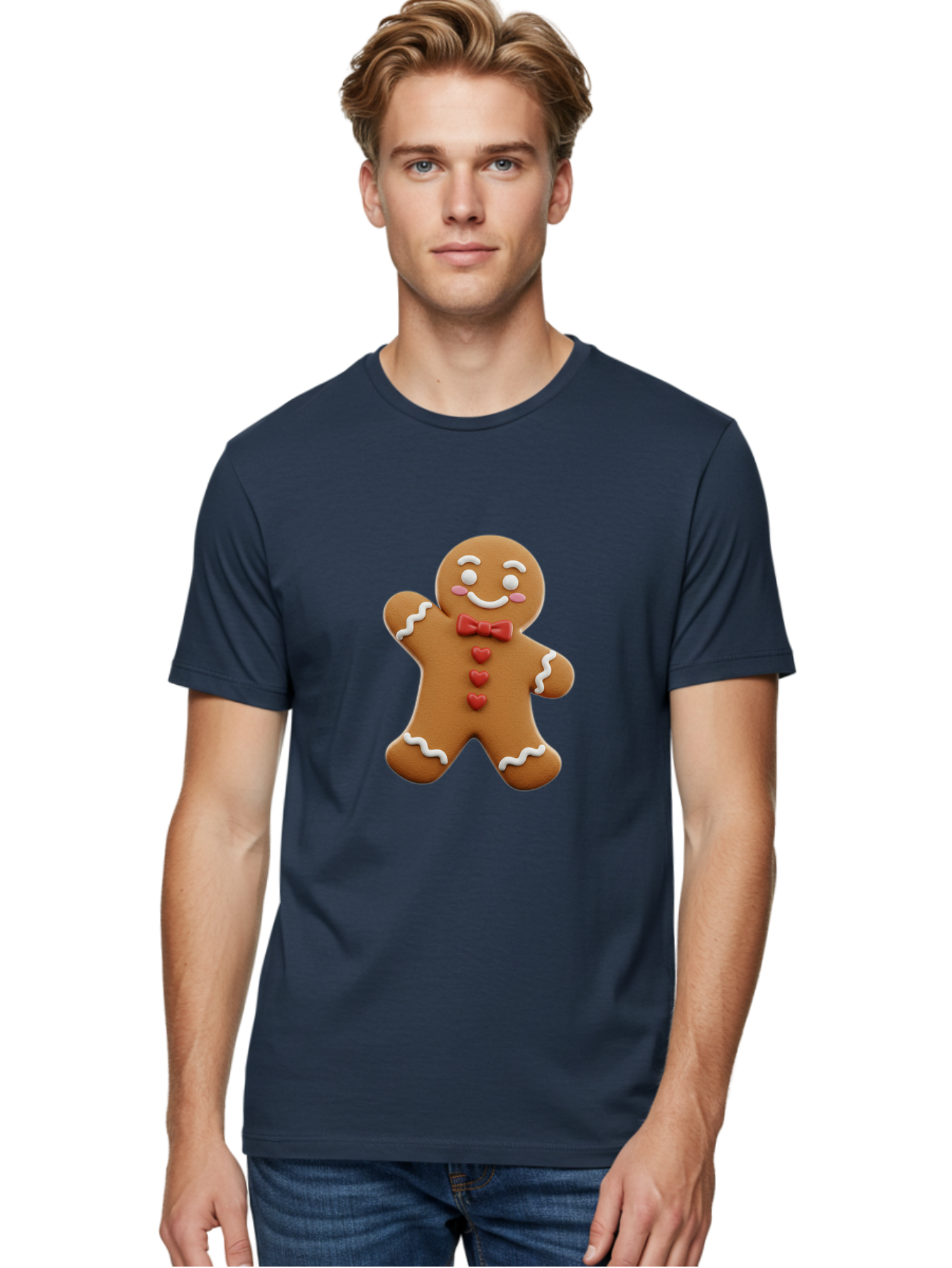 Gingerbread-Man-1 Men'S Graphic Tee, 100% Cotton, Comfortable Casual Summer Wear, Machine Washable, Gingerbread Man, Sweet Treat, Holiday Baking, Festive Cookie, Whimsical Design, Red Bow Tie, White Icing, Heart Buttons, Cartoon Character Bab941