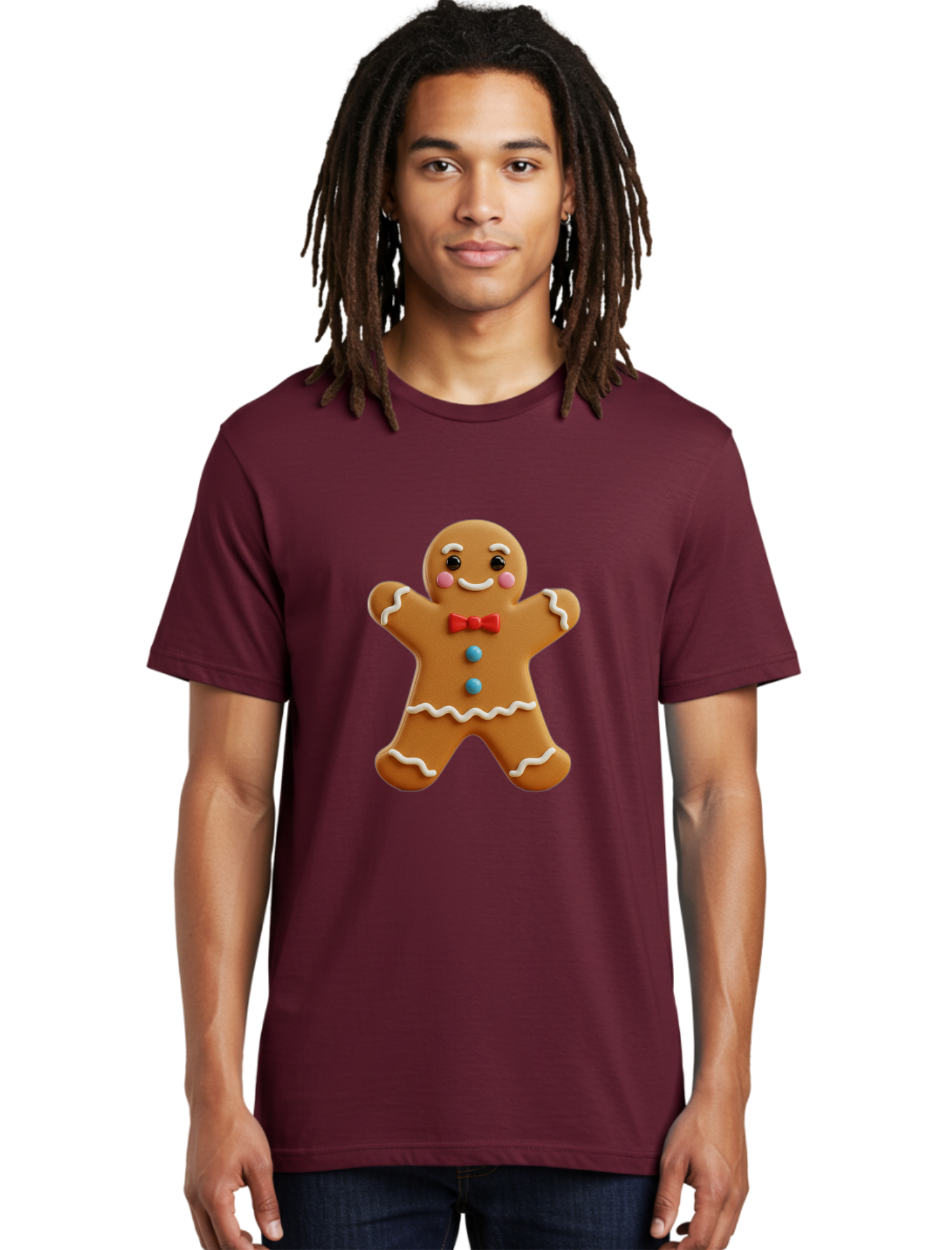 Gingerbread-Man-13 Men'S Graphic Tee, 100% Cotton, Comfortable Casual Summer Wear, Machine Washable, Cute Gingerbread Man, Christmas Cookie, Festive Treat, Red Bow Tie, White Icing, Blue Candy Buttons, Holiday Baking, Sweet Delight Bab945
