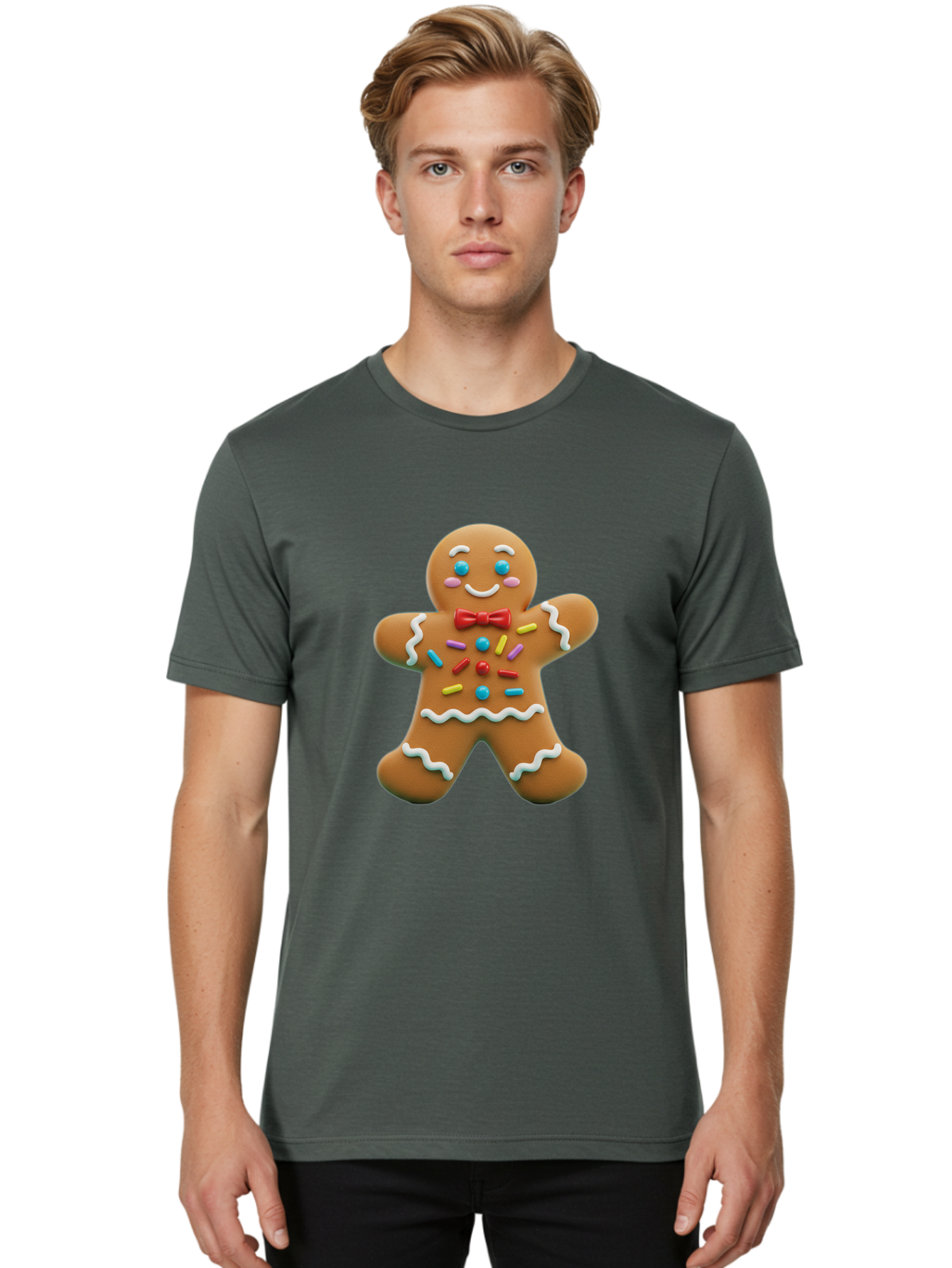 Gingerbread-Man-14 Men'S Graphic Tee, 100% Cotton, Comfortable Casual Summer Wear, Machine Washable, Gingerbread Man, Holiday Treat, Cookie Decoration, Colorful Sprinkles, Red Bow Tie, Happy Face, Festive Character, Baked Goods, Sweet Delight, Bab946