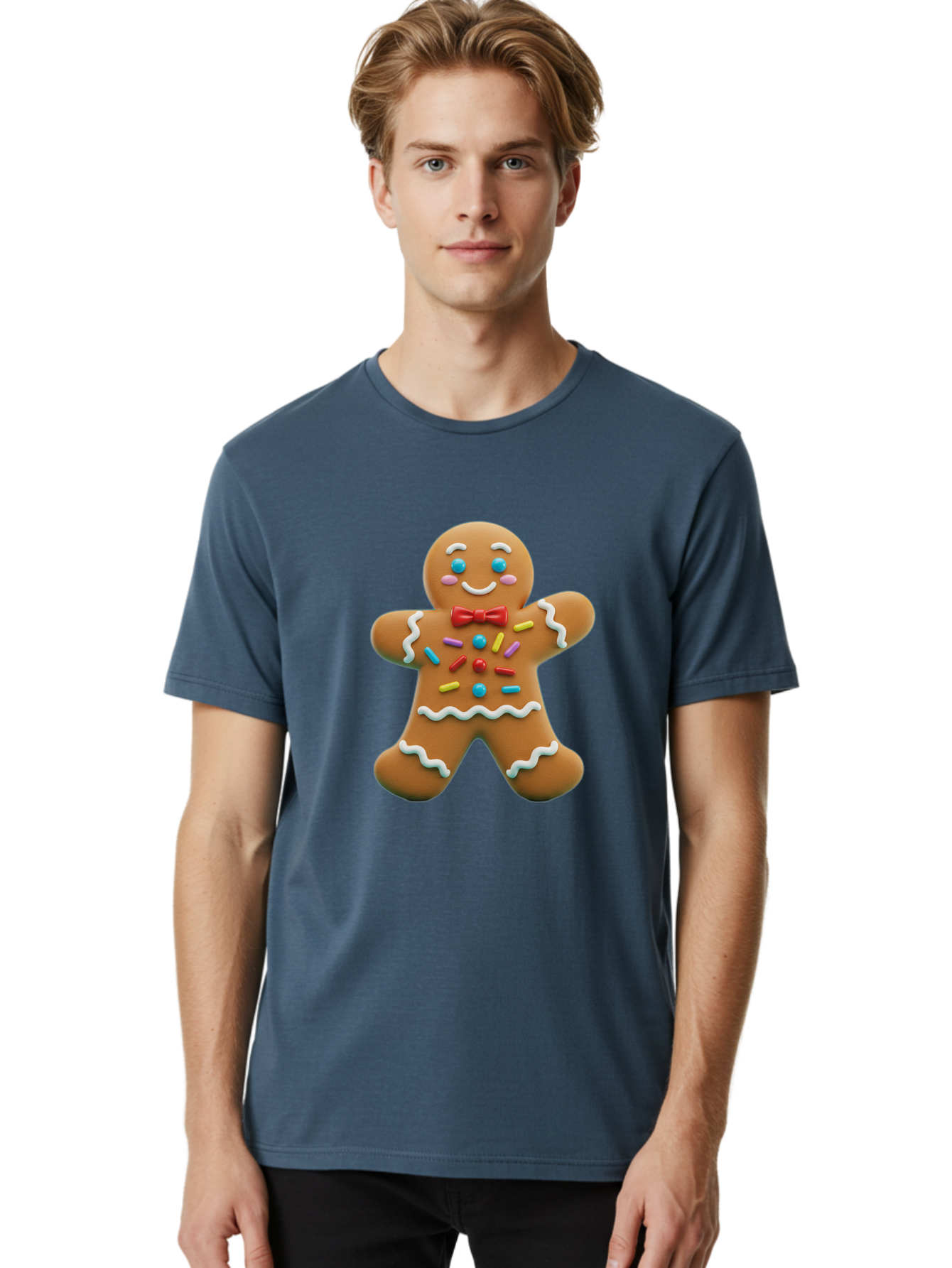 Gingerbread-Man-14 Men'S Graphic Tee, 100% Cotton, Comfortable Casual Summer Wear, Machine Washable, Gingerbread Man, Holiday Treat, Cookie Decoration, Colorful Sprinkles, Red Bow Tie, Happy Face, Festive Character, Baked Goods, Sweet Delight, Bab946