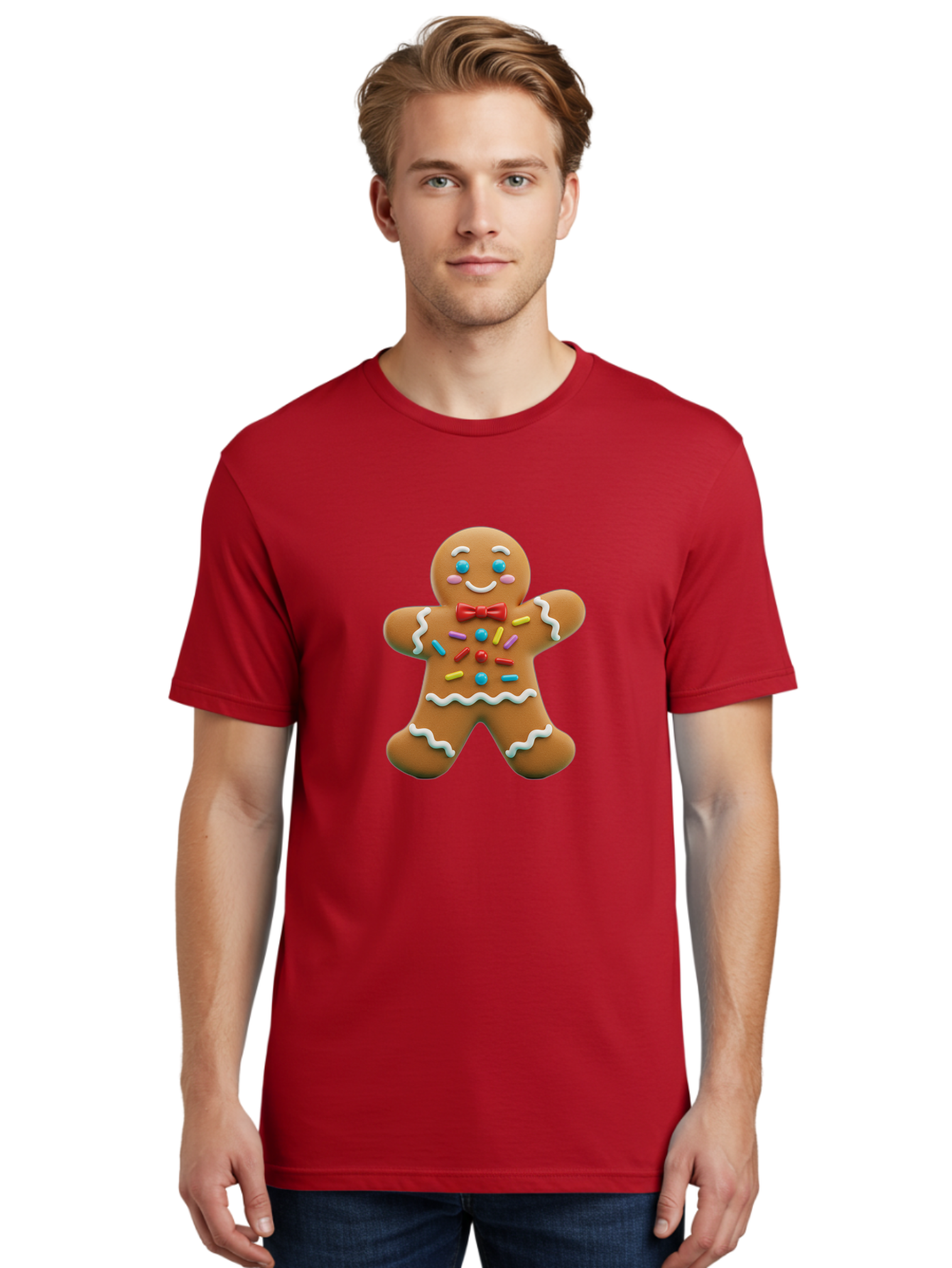 Gingerbread-Man-14 Men'S Graphic Tee, 100% Cotton, Comfortable Casual Summer Wear, Machine Washable, Gingerbread Man, Holiday Treat, Cookie Decoration, Colorful Sprinkles, Red Bow Tie, Happy Face, Festive Character, Baked Goods, Sweet Delight, Bab946