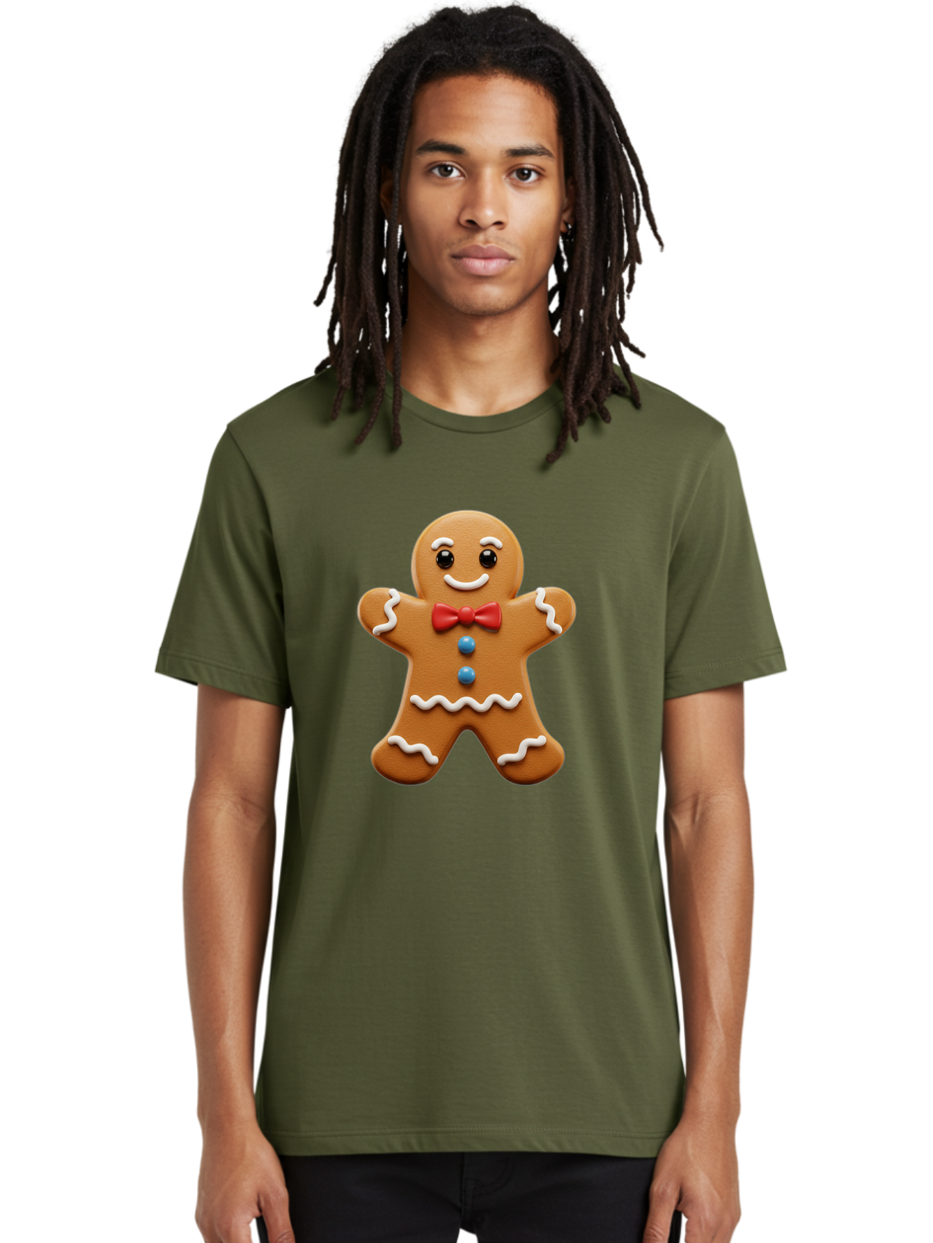 Gingerbread-Man-15 Men'S Graphic Tee, 100% Cotton, Comfortable Casual Summer Wear, Machine Washable, Gingerbread Man, Christmas Cookie, Red Bow Tie, White Icing, Blue Buttons, Festive Treat, Holiday Baking, Sweet Delight, Winter Wonderland Bab947
