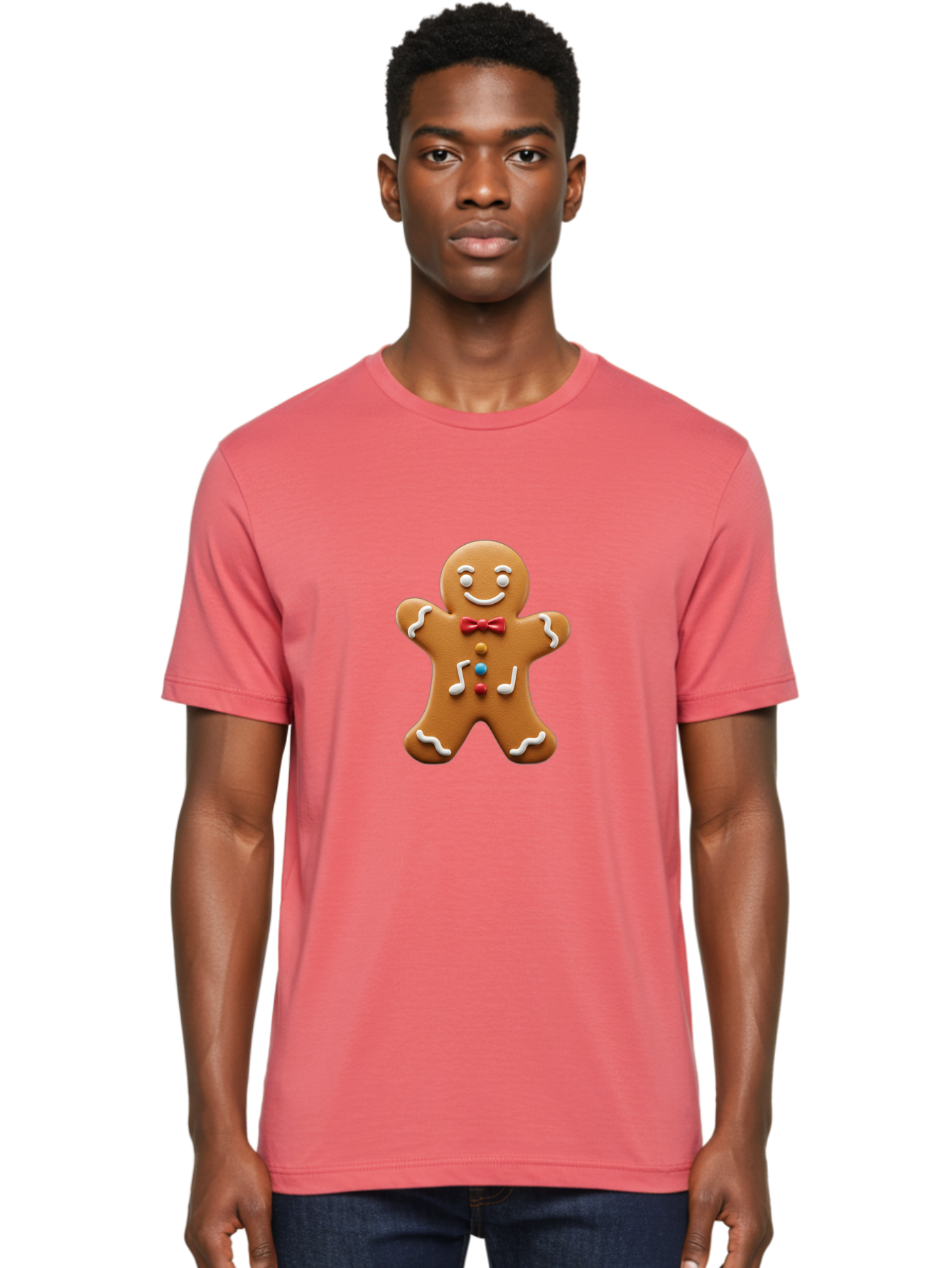 Gingerbread-Man-16 Men'S Graphic Tee, 100% Cotton, Comfortable Casual Summer Wear, Machine Washable, Gingerbread Man, Holiday Treat, Festive Cookie, Christmas Baking, Sweet Decoration, Icing Details, Candy Buttons, Red Bow Tie, White Icing Bab948