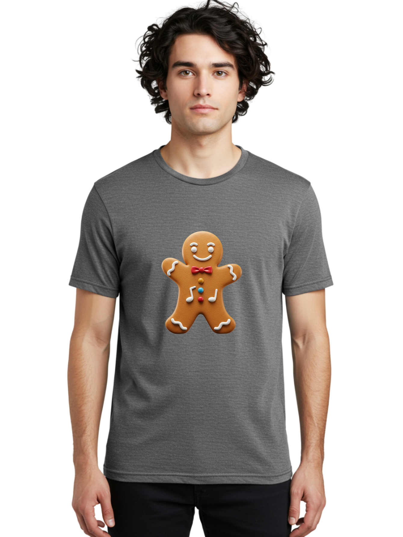Gingerbread-Man-16 Men'S Graphic Tee, 100% Cotton, Comfortable Casual Summer Wear, Machine Washable, Gingerbread Man, Holiday Treat, Festive Cookie, Christmas Baking, Sweet Decoration, Icing Details, Candy Buttons, Red Bow Tie, White Icing Bab948