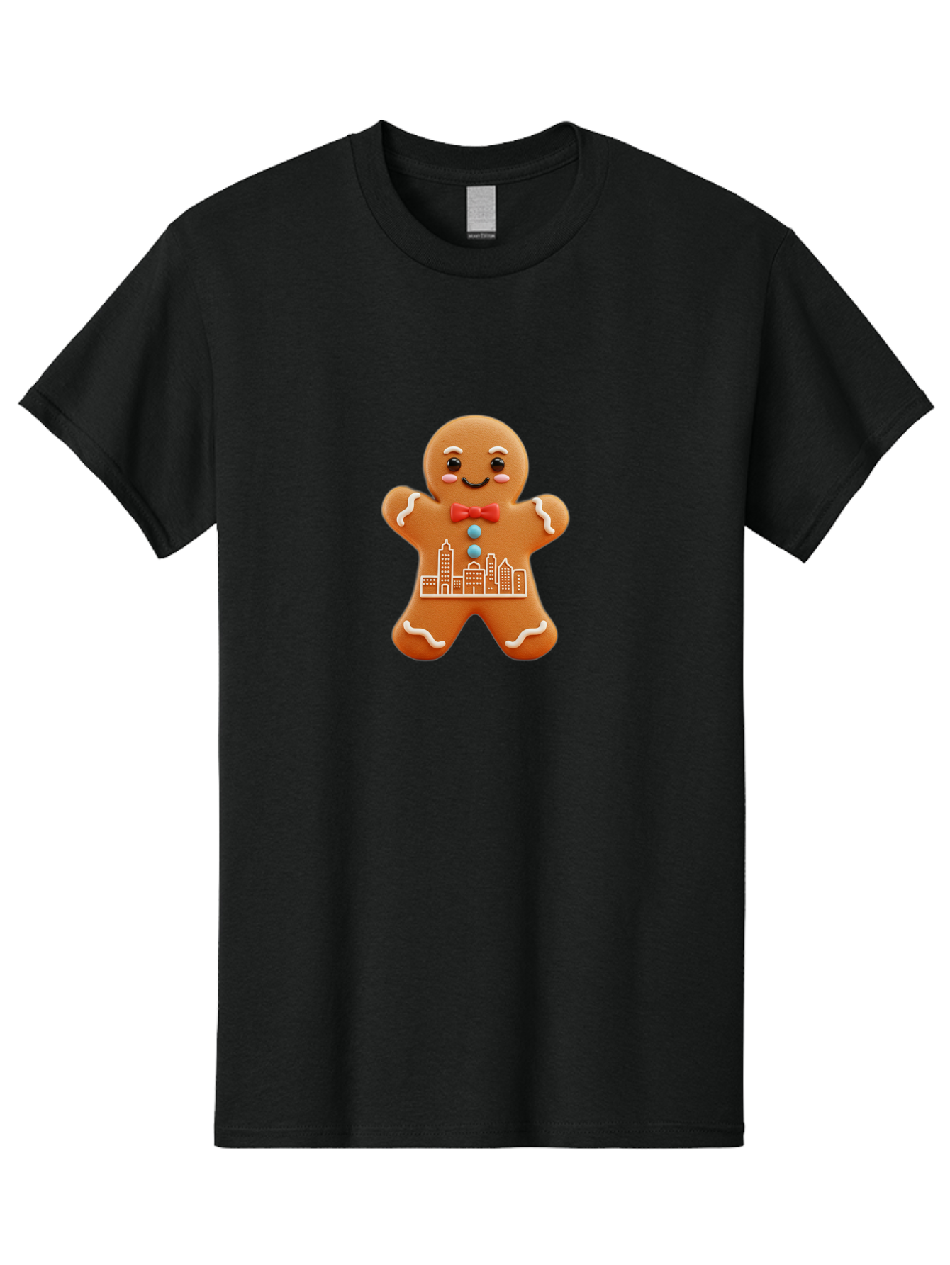 Gingerbread-Man-17 Men'S Graphic Tee, 100% Cotton, Comfortable Casual Summer Wear, Machine Washable, Gingerbread Man, City Design, Festive Treat, Holiday Cookie, Red Bow Tie, White Icing Details, Gingerbread Cookie Art, Cityscape Cookie, Bab949